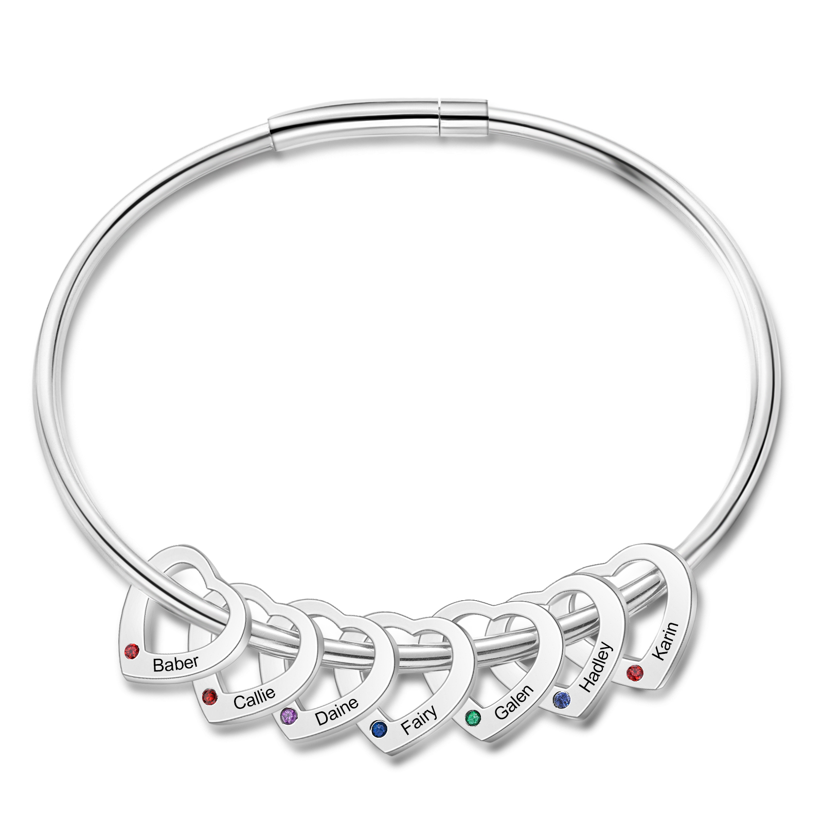 Personalised Women’s Bracelet with Custom 7 Names & Birthstones Heart Bracelet Gift for Her | Jessmade