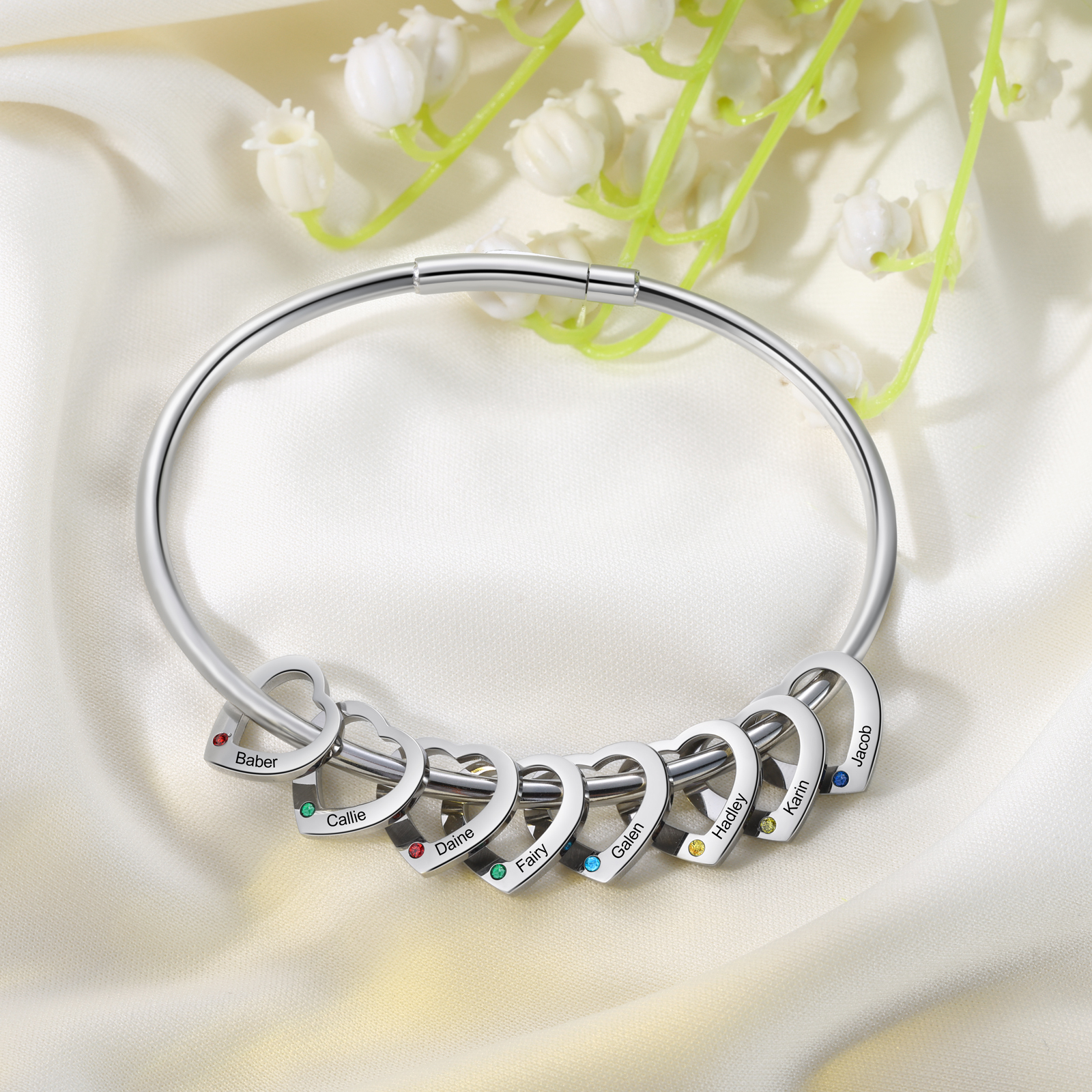 Personalised Women’s Bracelet with Custom 8 Names & Birthstones Heart Bracelet Gift for Her | Jessmade