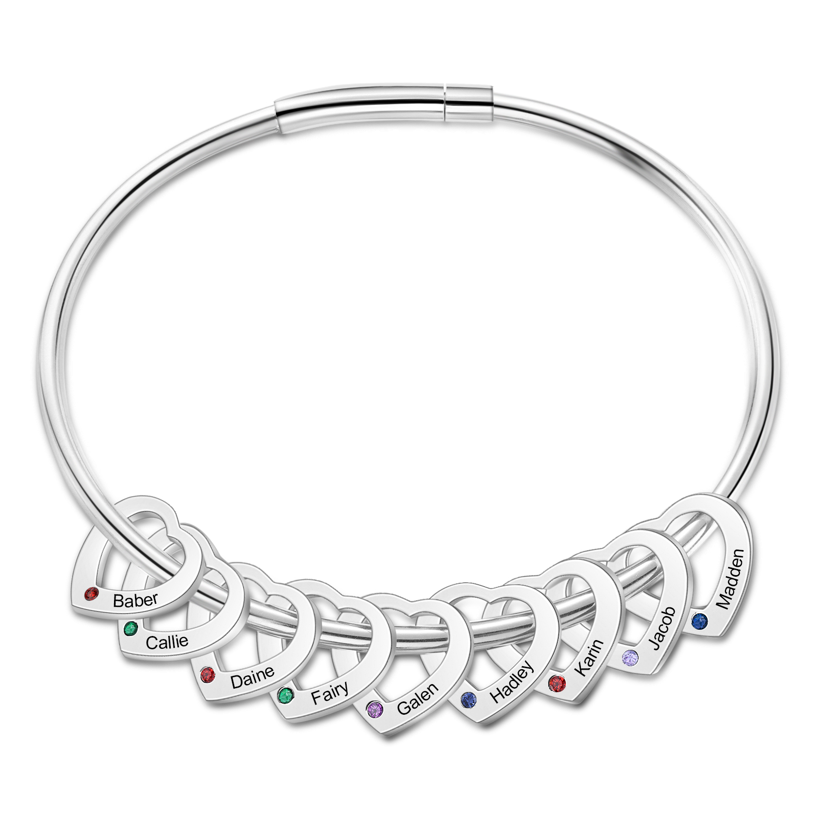 Personalised Women’s Bracelet with Custom 9 Names & Birthstones Heart Bracelet Gift for Her | Jessmade