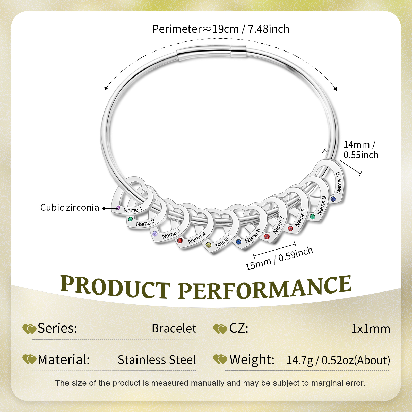 Personalised Women’s Bracelet with Custom 10 Names & Birthstones Heart Bracelet Gift for Her | Jessmade