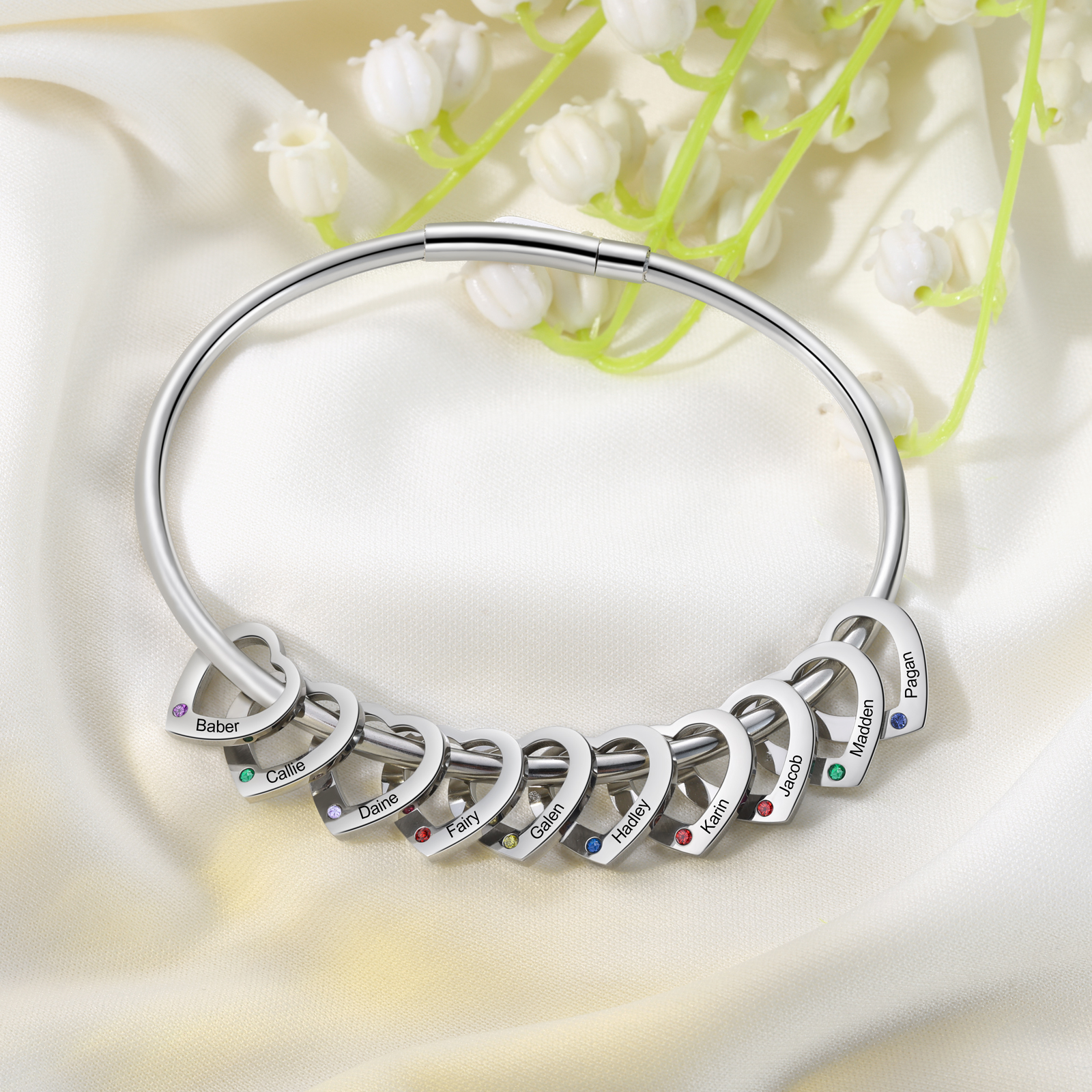 Personalised Women’s Bracelet with Custom 10 Names & Birthstones Heart Bracelet Gift for Her | Jessmade