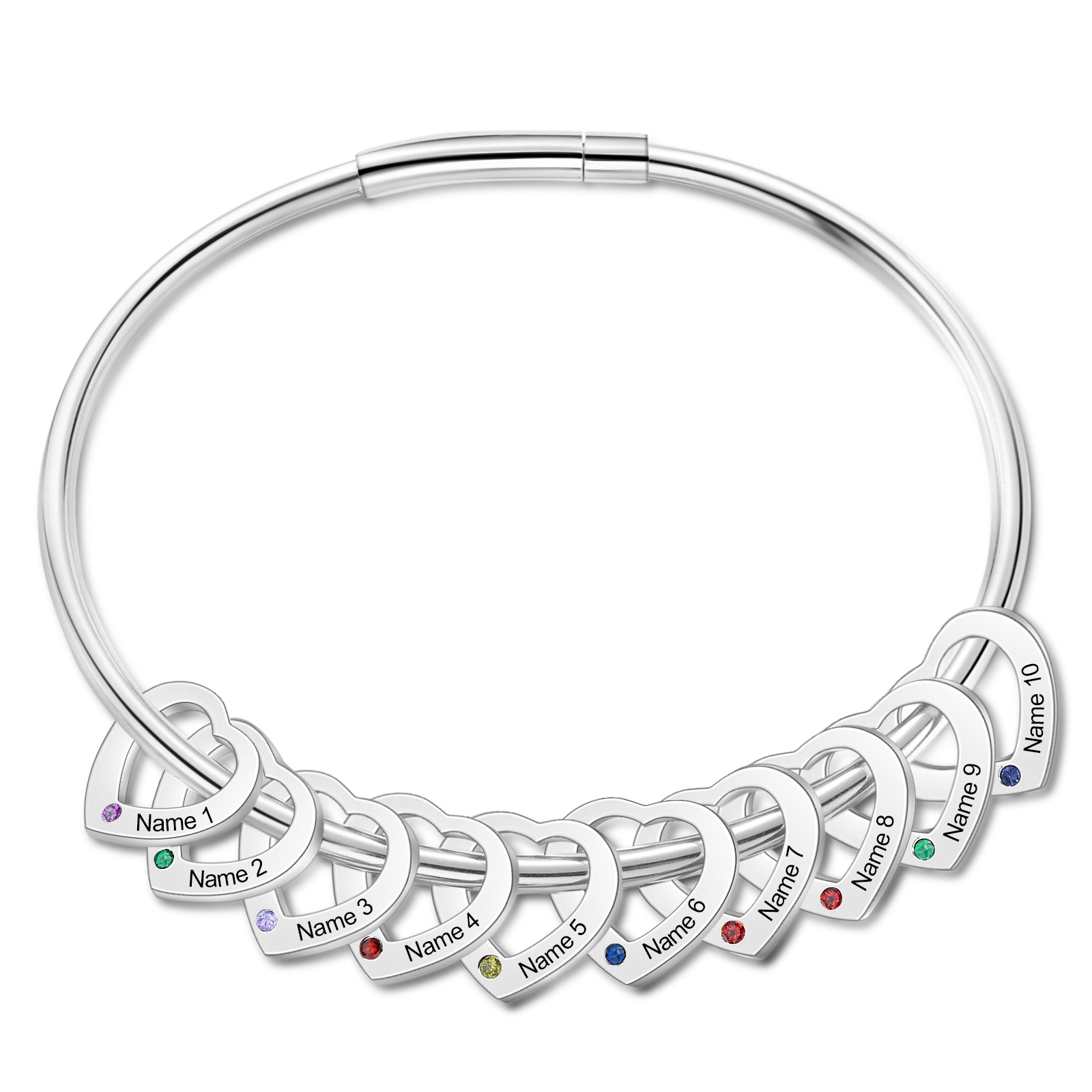 Personalised Women’s Bracelet with Custom 10 Names & Birthstones Heart Bracelet Gift for Her | Jessmade