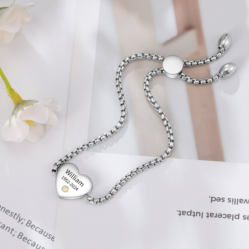 Personalized Heart Birthstone Bracelet – Custom Name & DateMemorial Gift For Women