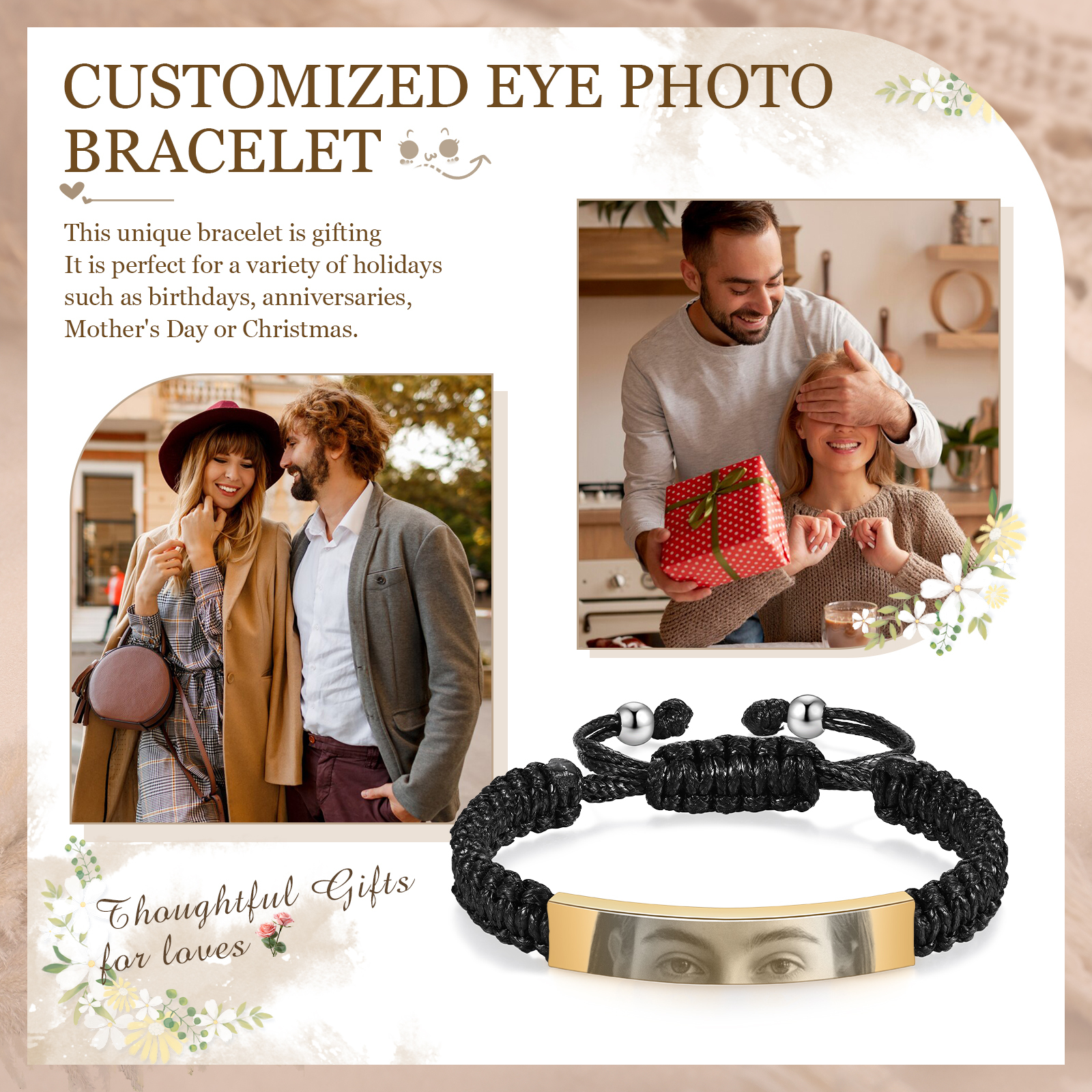 Personalised Eye Photo Bracelet - Custom Photo in Silver & Gold & Black | Christams Gift for Wife/Sister/ Daughter | Jessemade