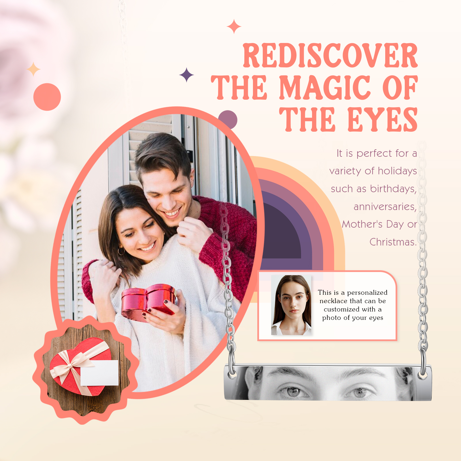 Personalised Eye Necklace with Custom 1 Photo - Minimalist Rectangle Bar Design, Valentine’s Day Gifts for Couple | Jessemade