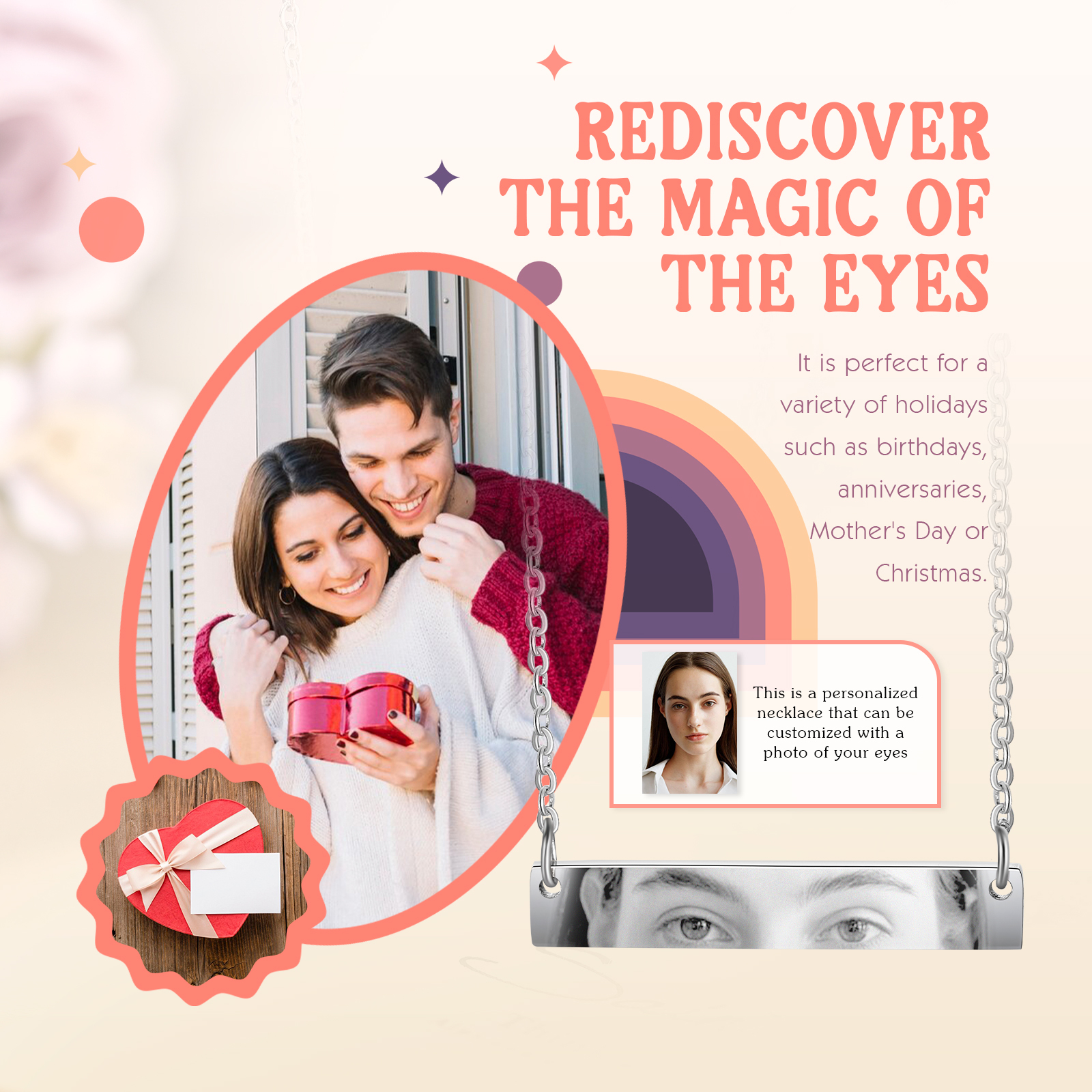 Personalised Eye Necklace with Custom 1 Photo - Minimalist Rectangle Bar Design, Valentine’s Day Gifts for Couple | Jessemade