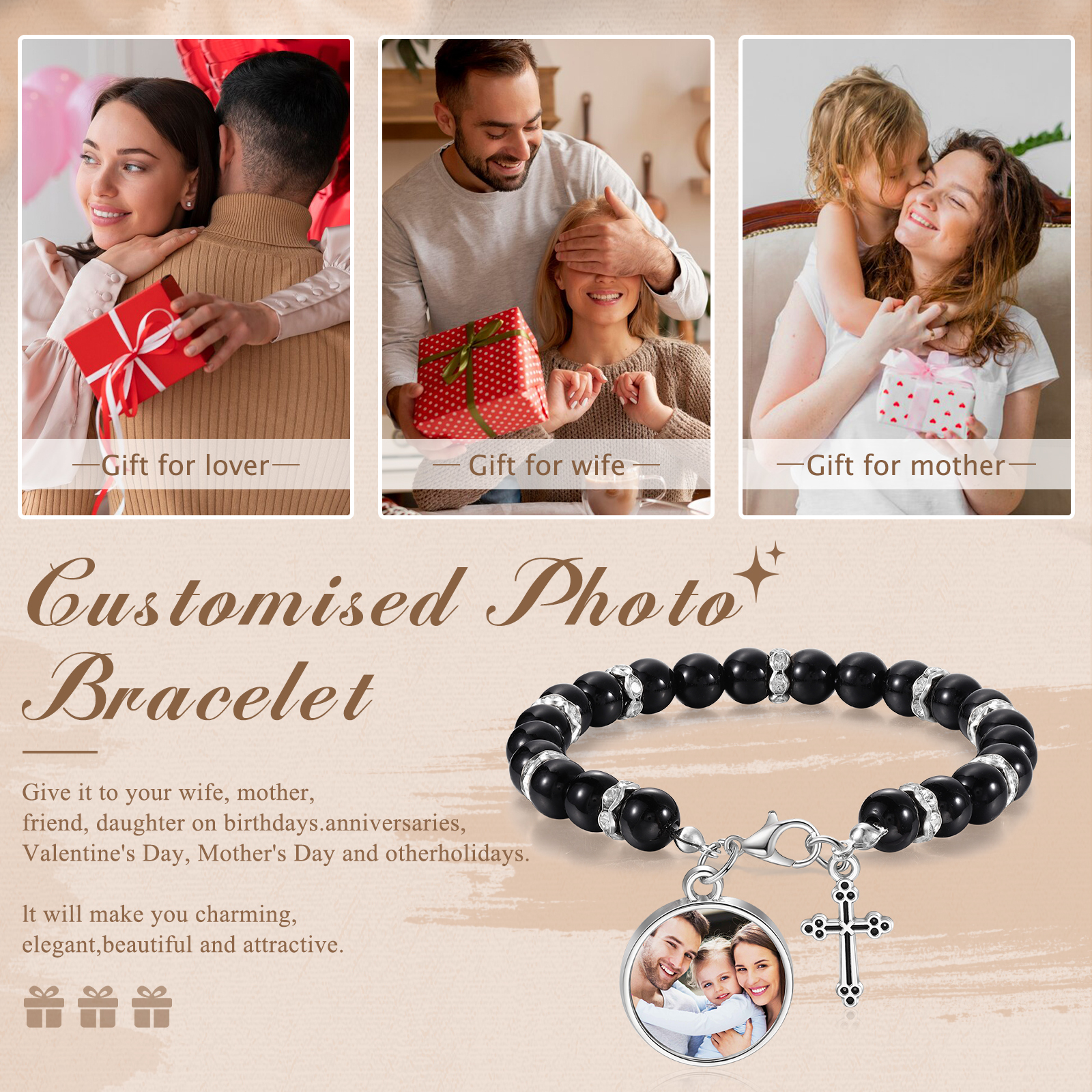 To My Daughter Personalised Rosary Memorial Bracelet Custom with Photo and Cross Pendant | Jessemade