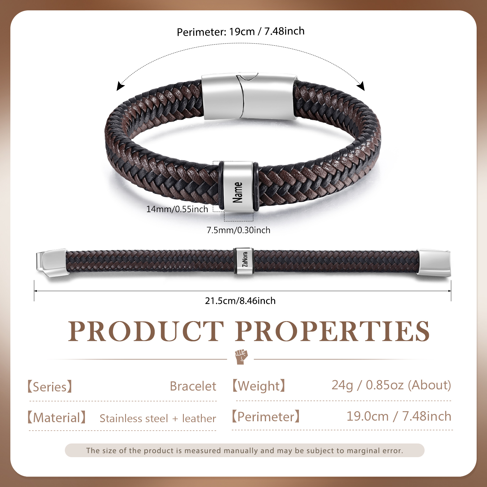 Personalised Men's Leather Bracelet with 1 Name with 1 Bead Bracelet Christmas Gift for Dad/Grandad | Jessemade