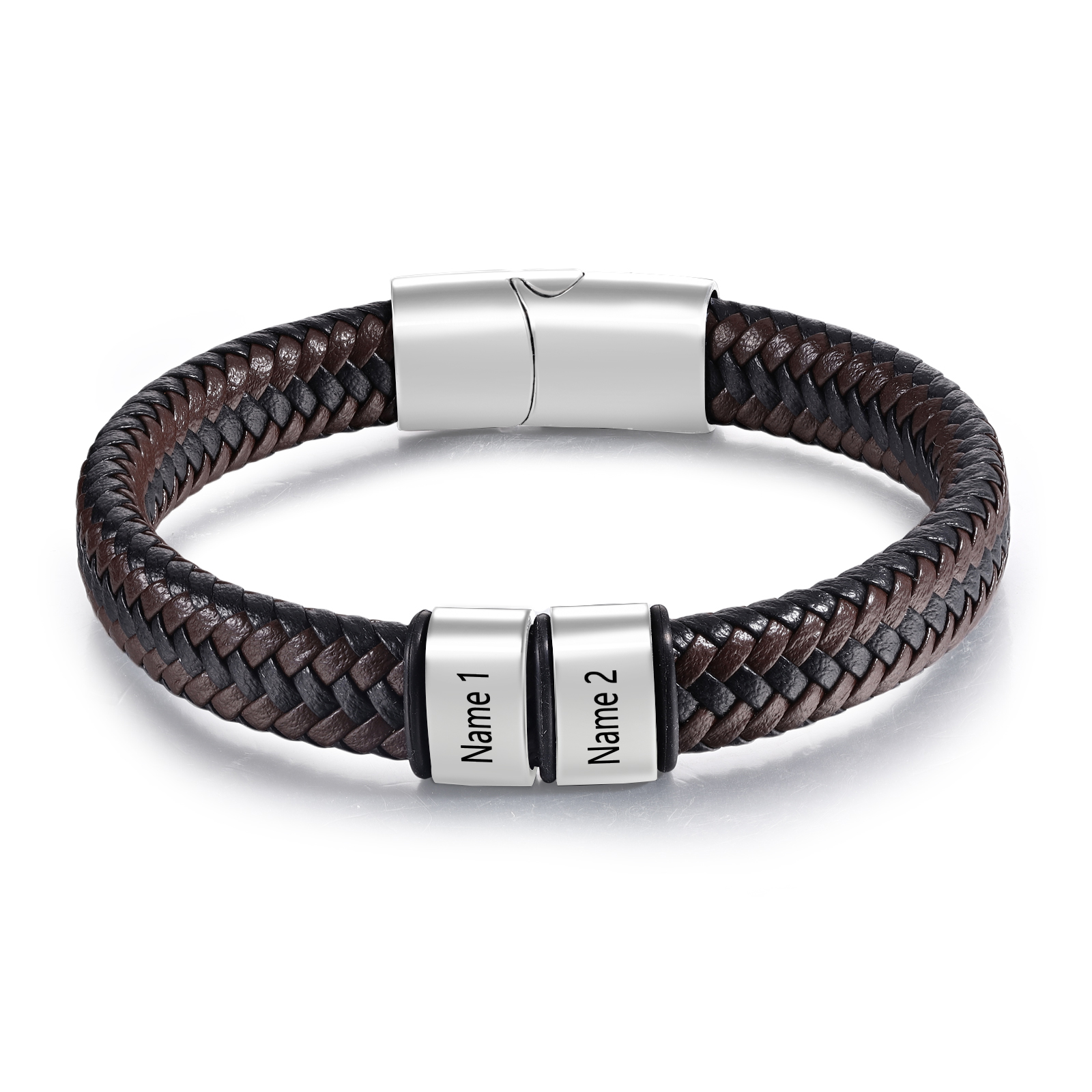 Personalised Men's Leather Bracelet with 2 Names with 1 Bead Bracelet Christmas Gift for Dad/Grandad | Jessemade