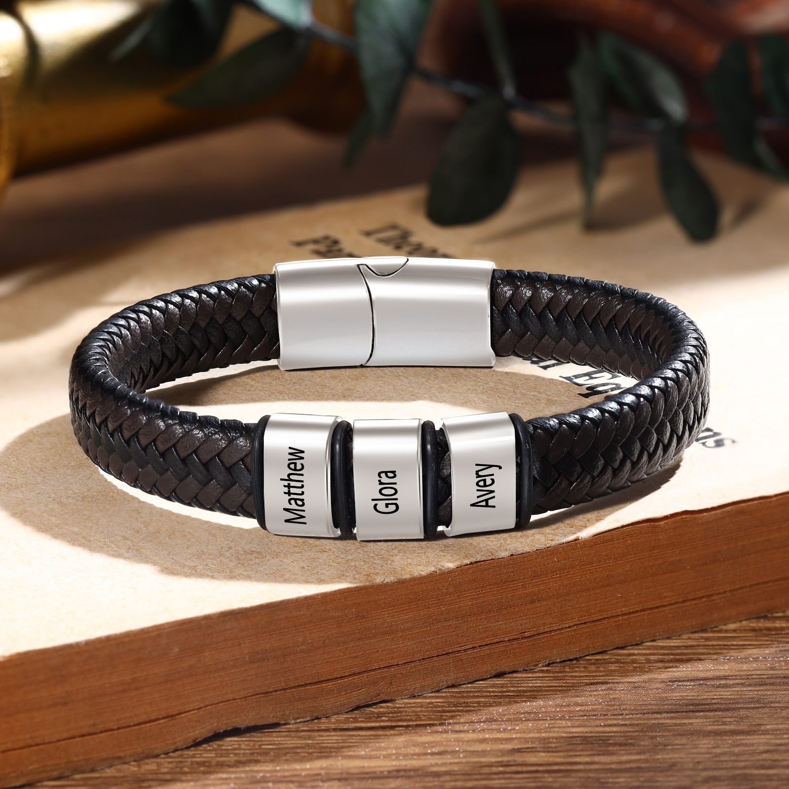 Personalised Men's Leather Bracelet with 2 Names with 1 Bead Bracelet