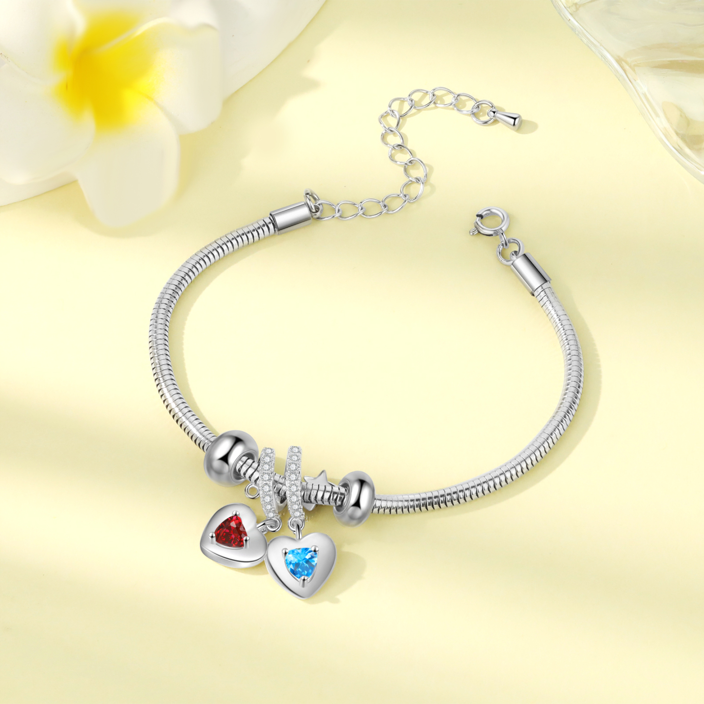 Personalised Women's Birthstone Bracelet – Customised with 2 Names & 2 Birthstones, Heart Pendant Design, Valentine’s Day Gift for Her | Jessemade