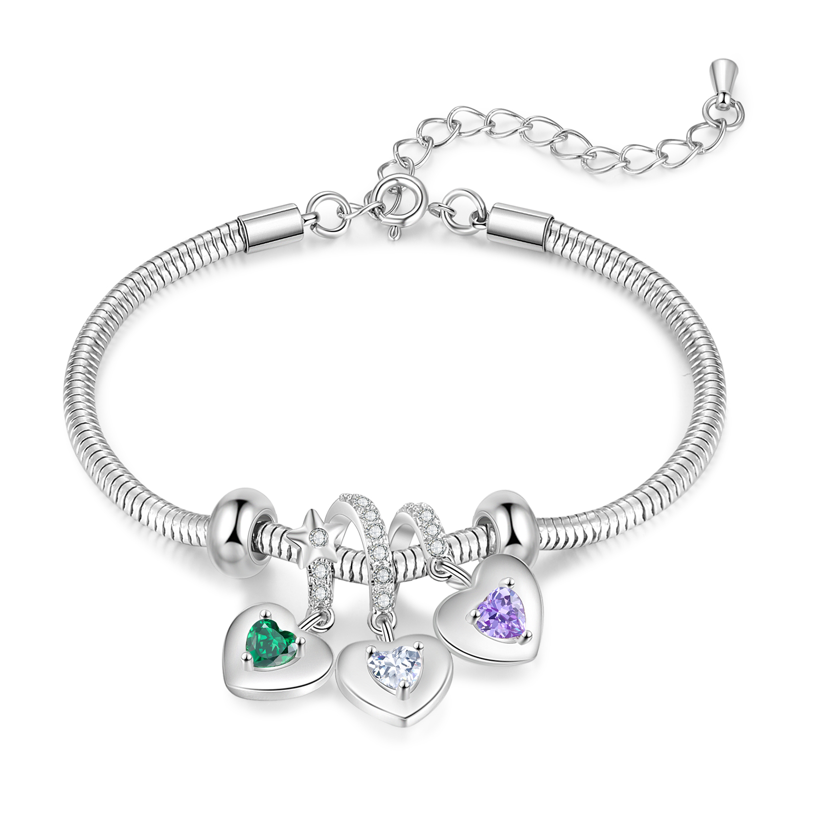 Personalised Women's Birthstone Bracelet – Customised with 3 Names & 3 Birthstones, Heart Pendant Design, Special Gift for Her | Jessemade