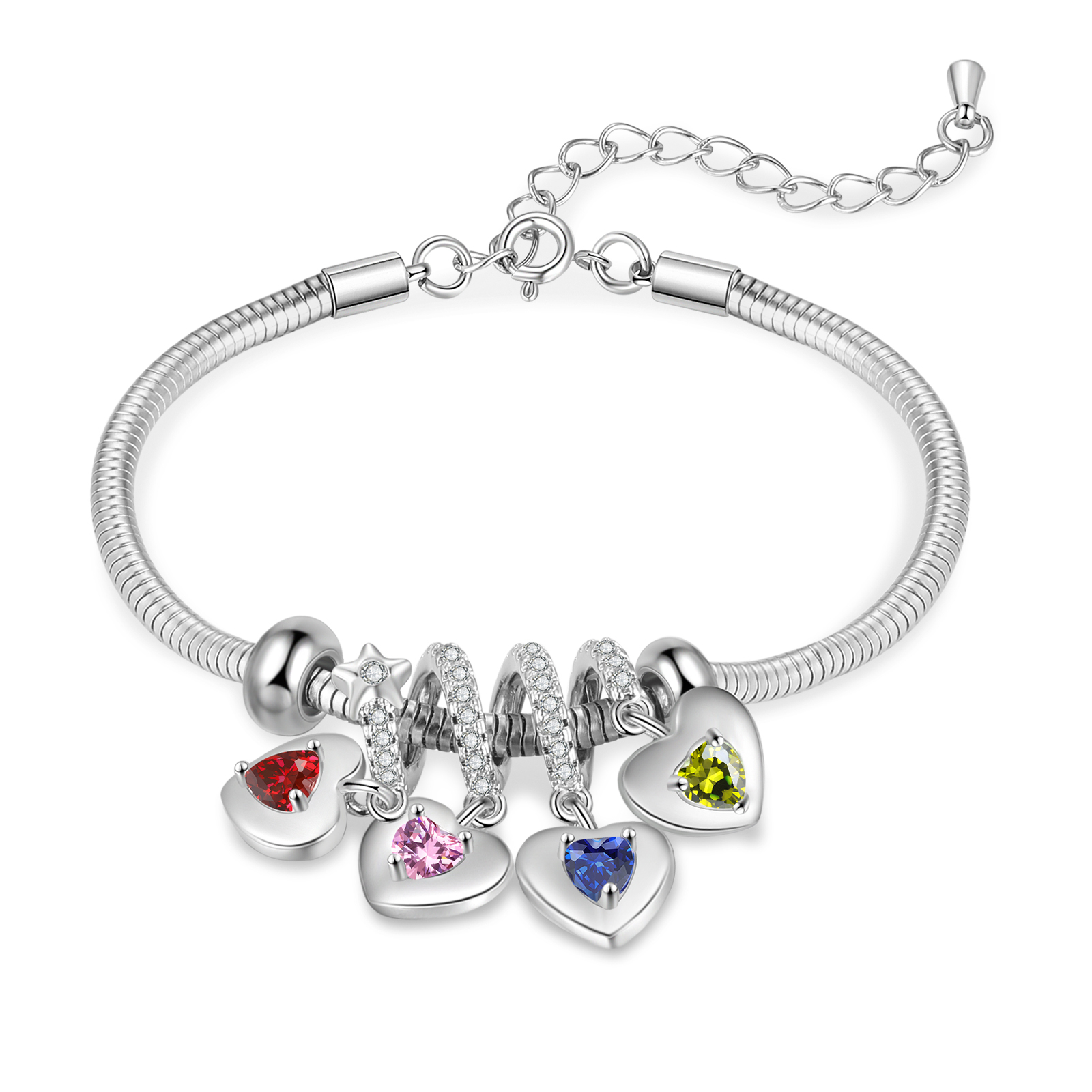 Personalised Women's Birthstone Bracelet – Customised with 2 Names & 2 Birthstones, Heart Pendant Design, Valentine’s Day Gift for Her | Jessemade