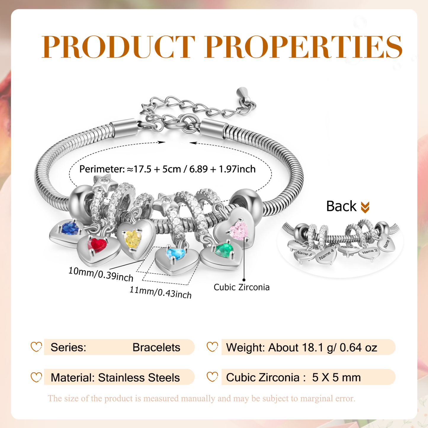 Personalised Women's Birthstone Bracelet – Customised with 6 Names & 6 Birthstones, Heart Pendant Design, Special Gift for Her | Jessemade