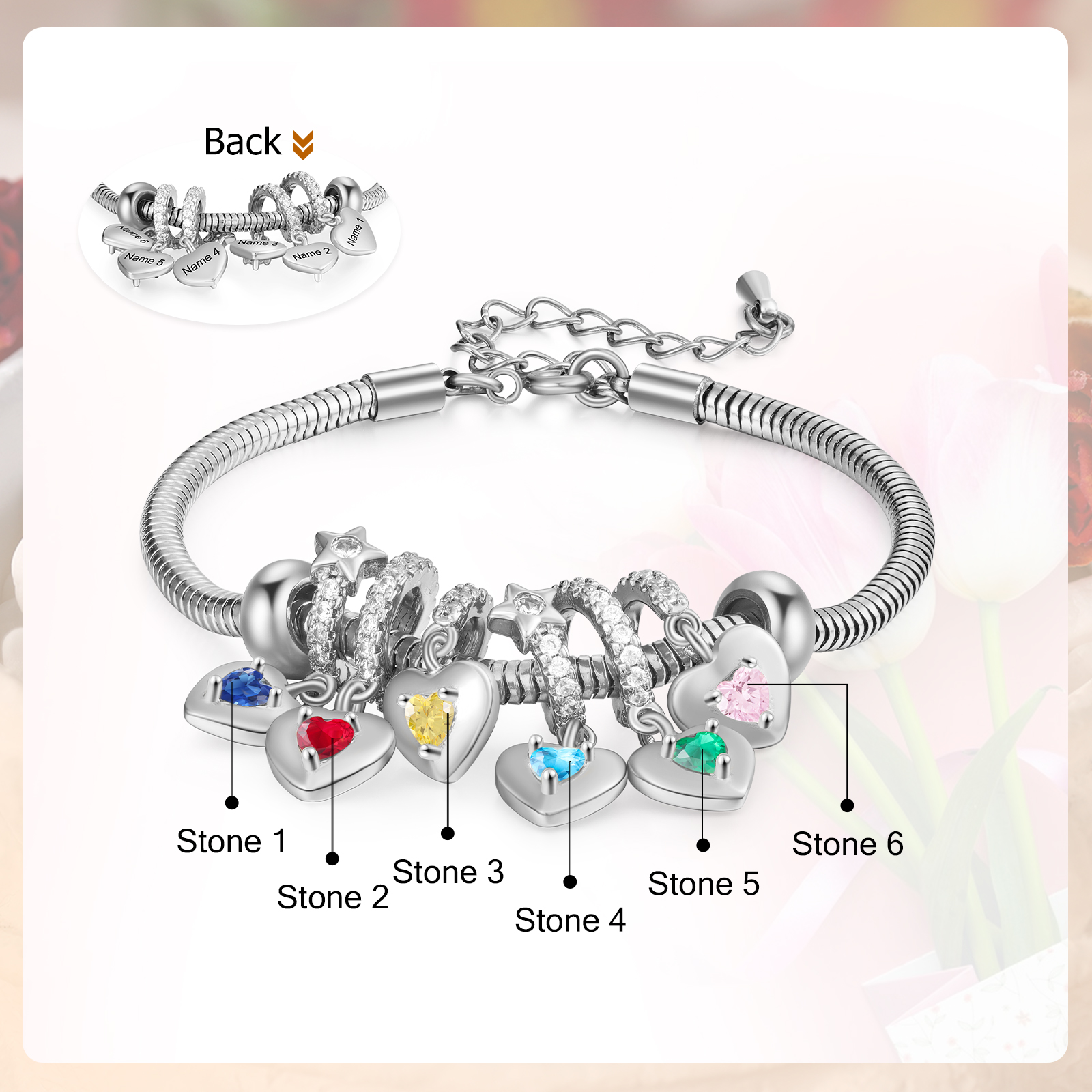 Personalised Women's Birthstone Bracelet – Customised with 6 Names & 6 Birthstones, Heart Pendant Design, Special Gift for Her | Jessemade
