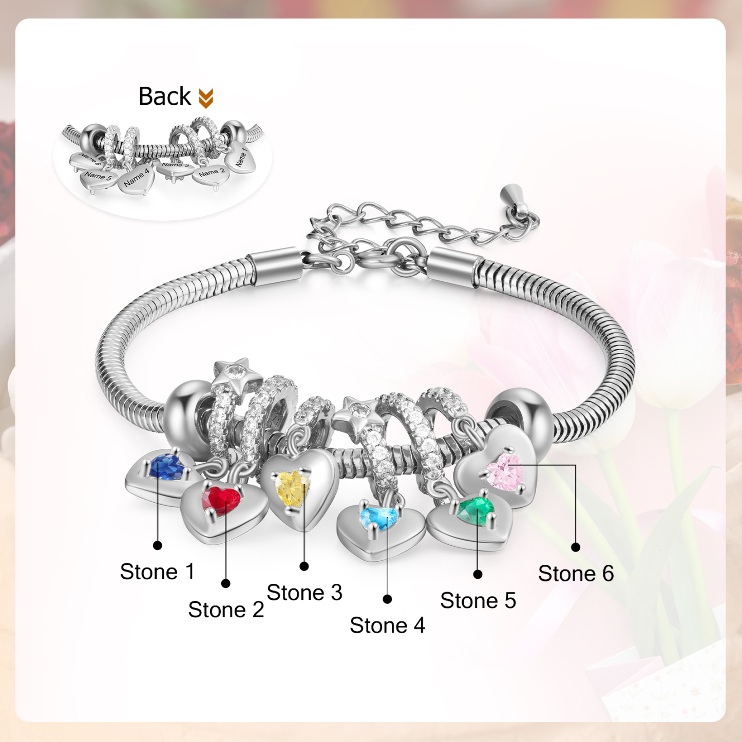 Personalised Women's Birthstone Bracelet – Customised with 6 Names & 6 Birthstones, Heart Pendant Design, Special Gift for Her | Jessemade