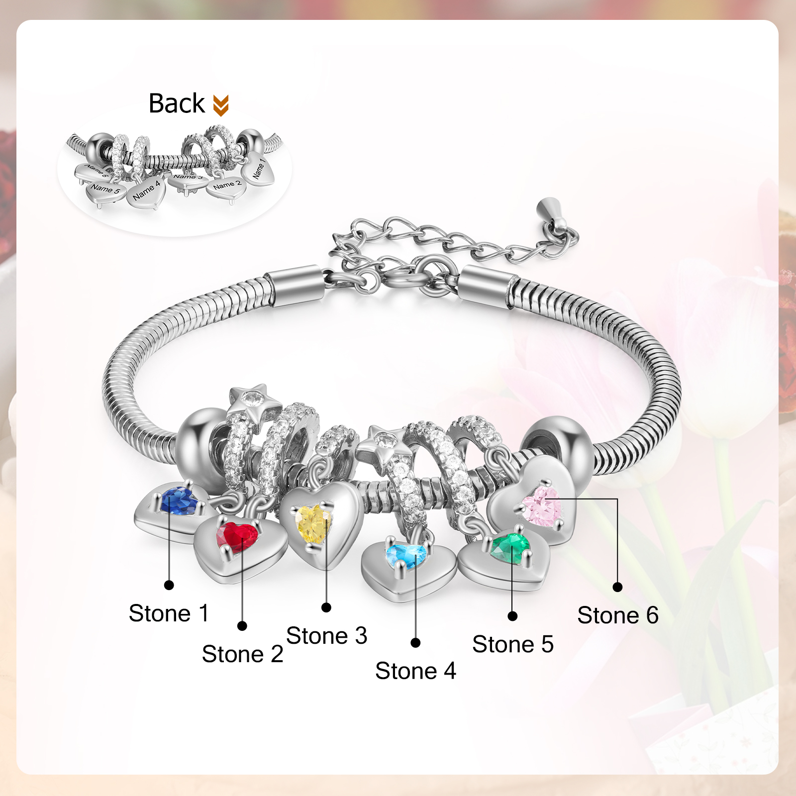 Personalised Women's Birthstone Bracelet – Customised with 6 Names & 6 Birthstones, Heart Pendant Design, Special Gift for Her | Jessemade