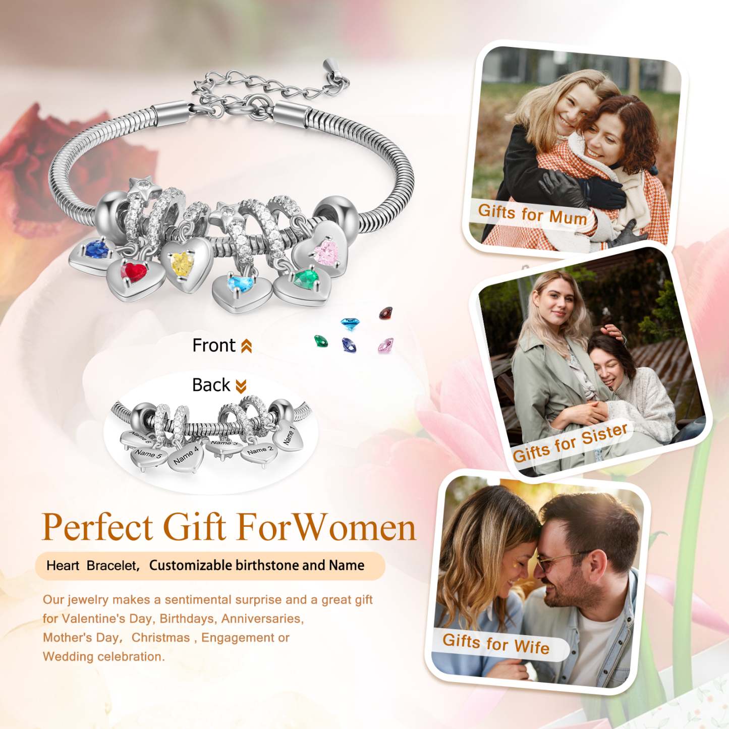 Personalised Women's Birthstone Bracelet – Customised with 6 Names & 6 Birthstones, Heart Pendant Design, Special Gift for Her | Jessemade