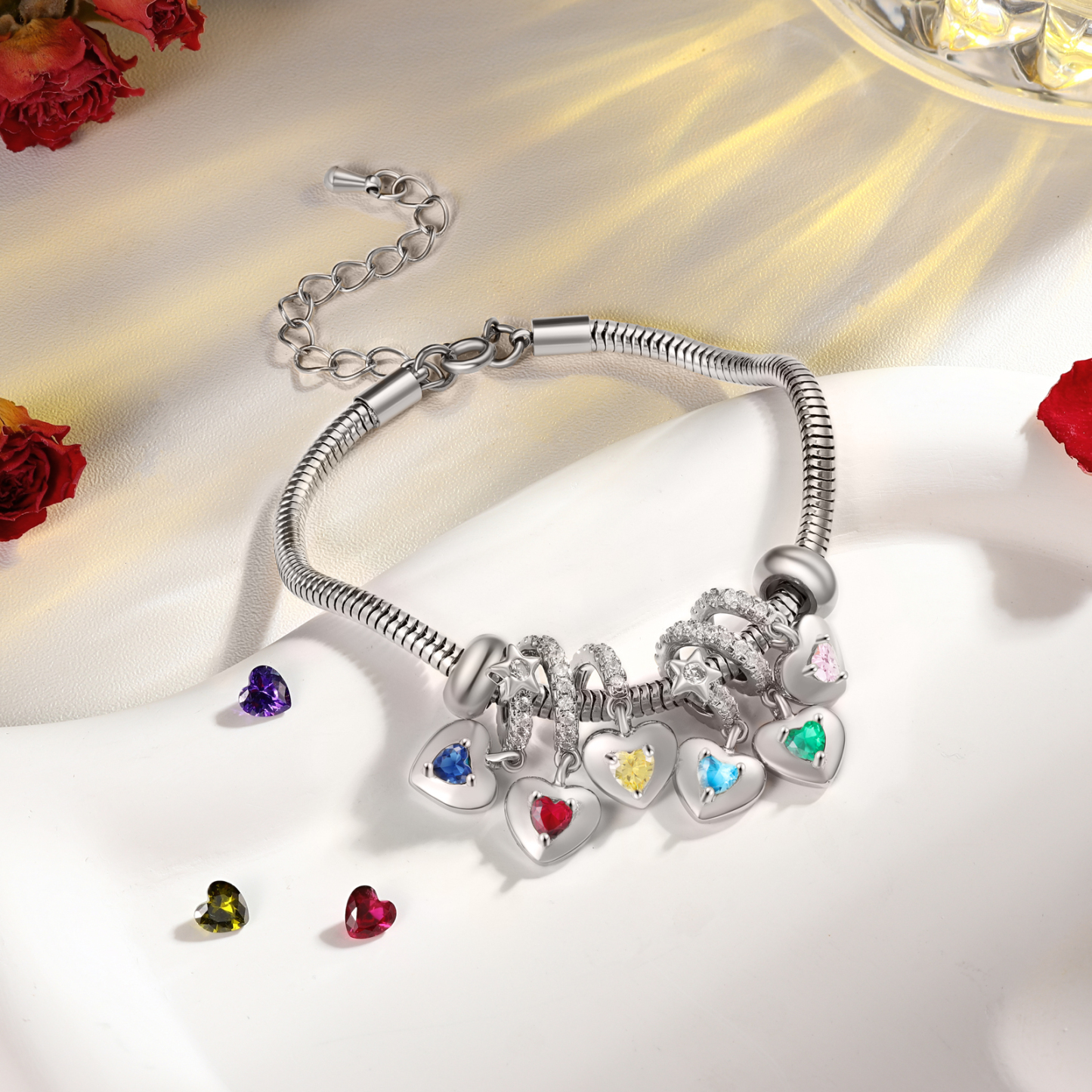 Personalised Women's Birthstone Bracelet – Customised with 6 Names & 6 Birthstones, Heart Pendant Design, Special Gift for Her | Jessemade