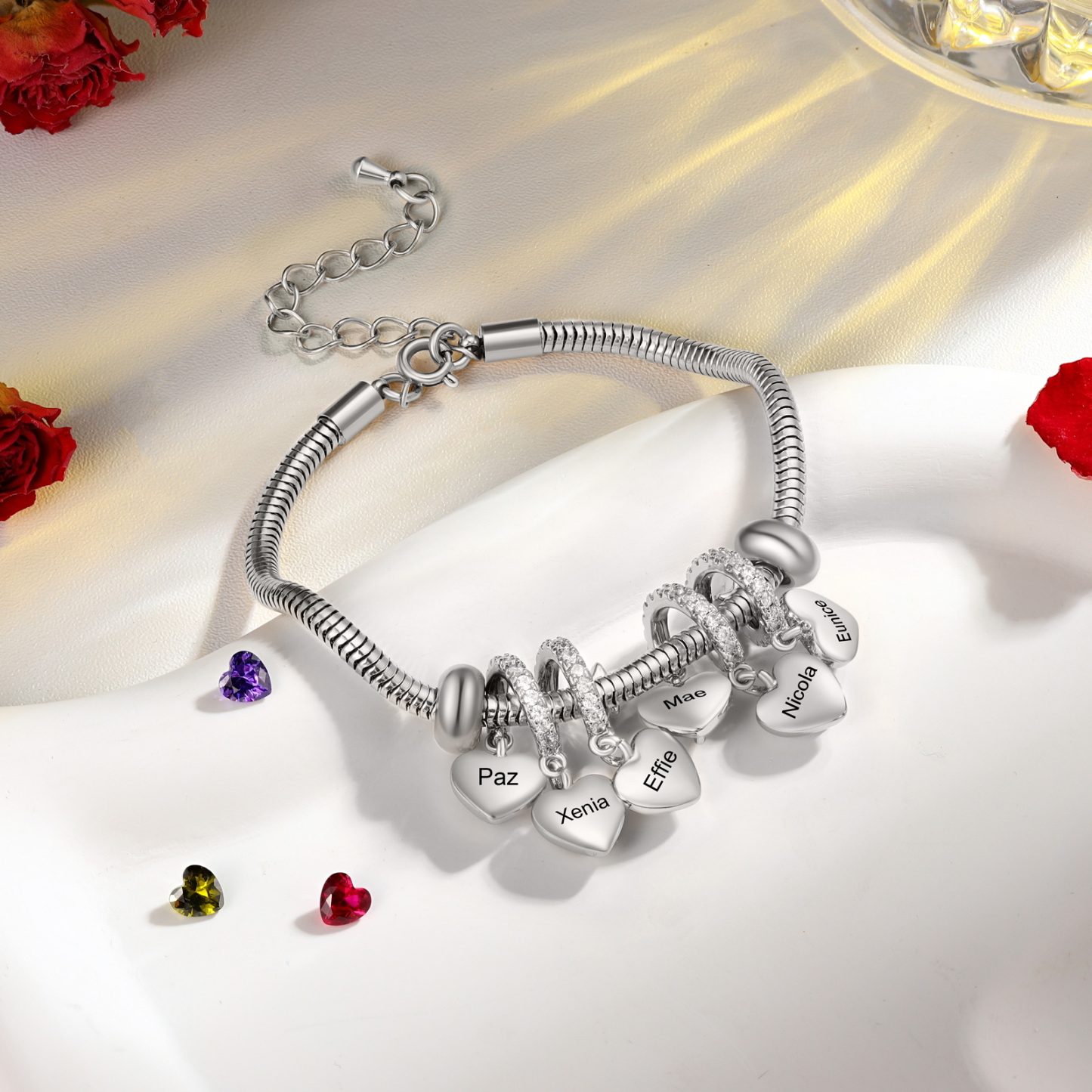 Personalised Women's Birthstone Bracelet – Customised with 6 Names & 6 Birthstones, Heart Pendant Design, Special Gift for Her | Jessemade