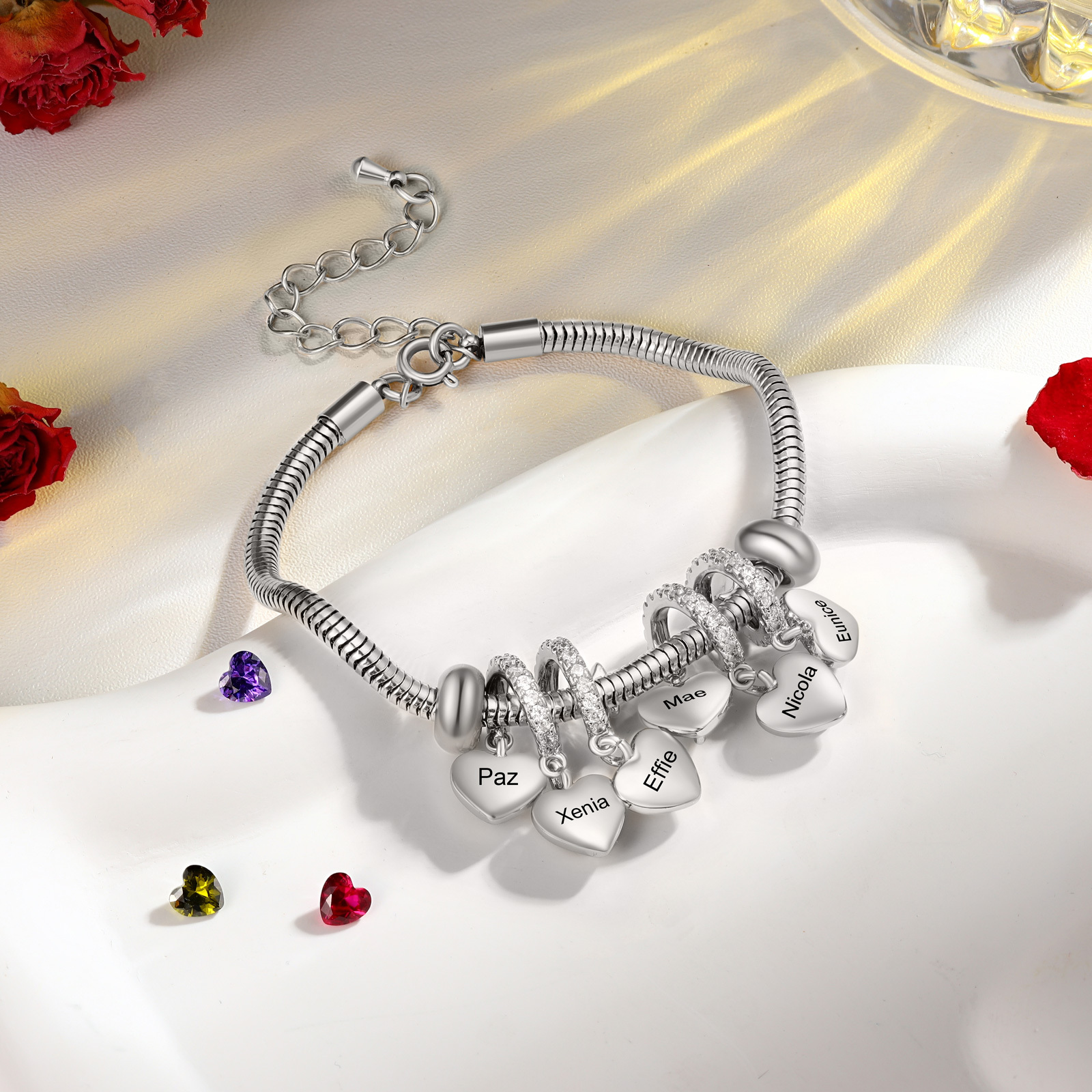 Personalised Women's Birthstone Bracelet – Customised with 6 Names & 6 Birthstones, Heart Pendant Design, Special Gift for Her | Jessemade