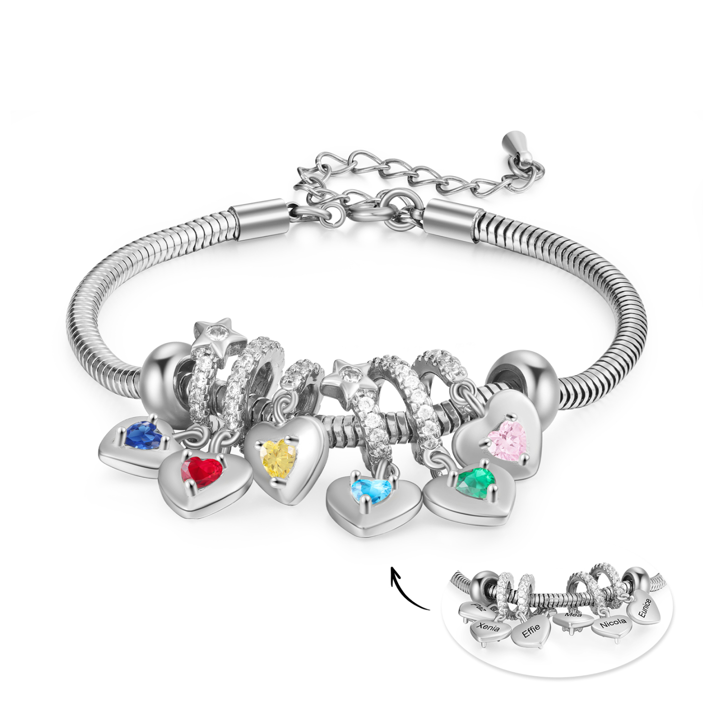 Personalised Women's Birthstone Bracelet – Customised with 6 Names & 6 Birthstones, Heart Pendant Design, Special Gift for Her | Jessemade