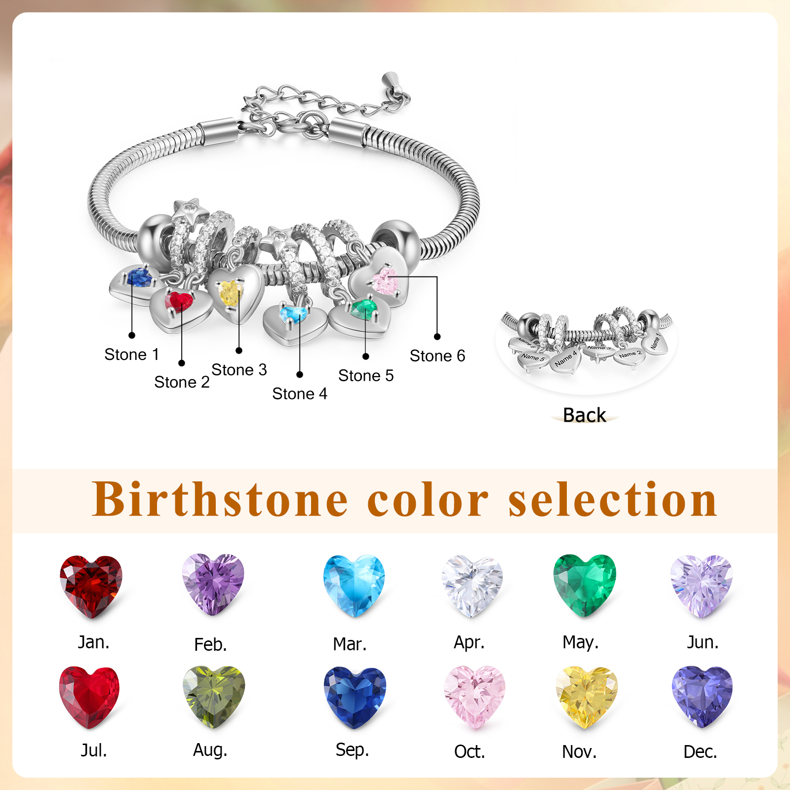 Personalised Women's Birthstone Bracelet – Customised with 6 Names & 6 Birthstones, Heart Pendant Design, Special Gift for Her | Jessemade