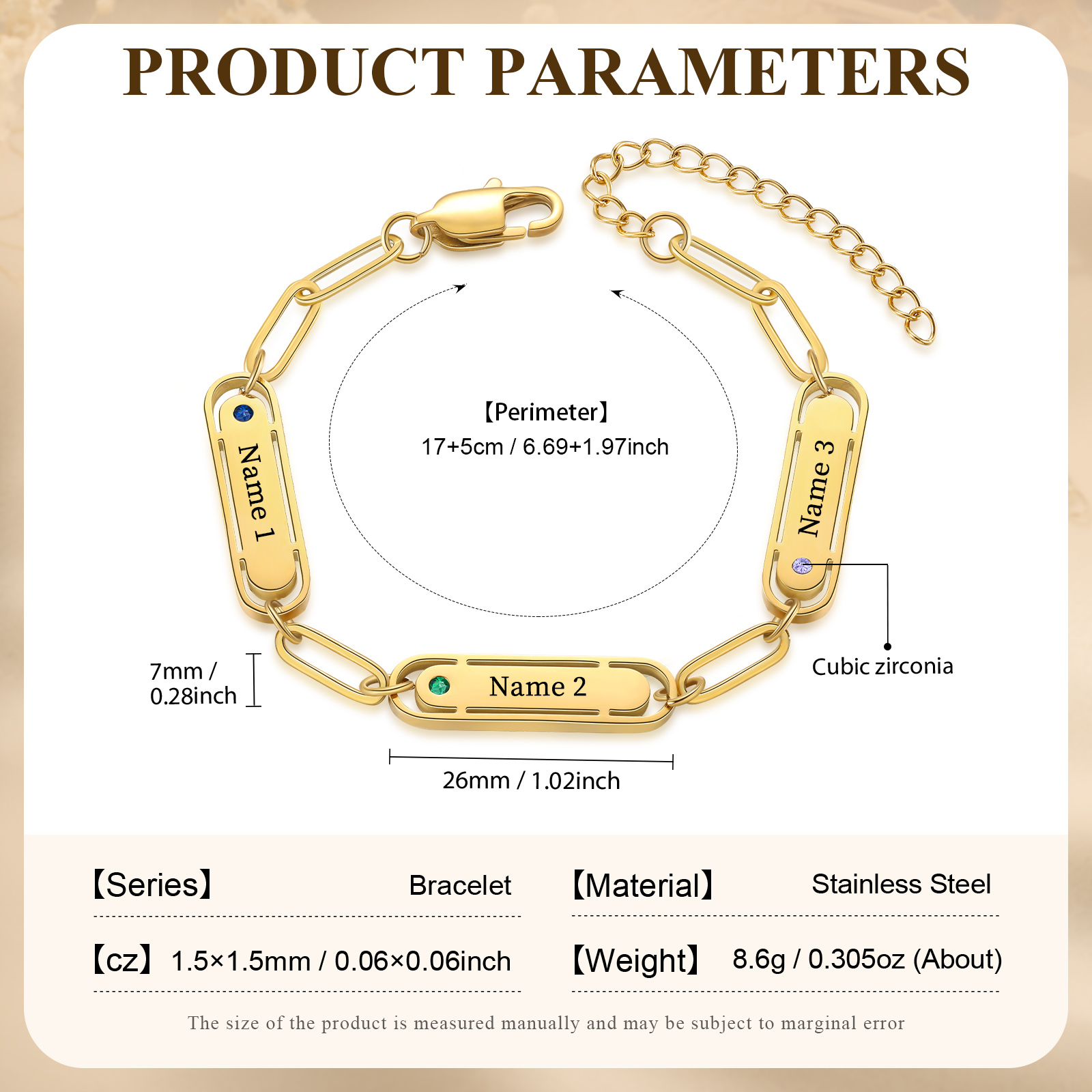 Personalised Gold Women's Bracelet – Custom 3 Birthstones and 3 Engraved Names, Elegant Chain Design, Perfect Gift for Mum, Wife, or Friend | Jessemade