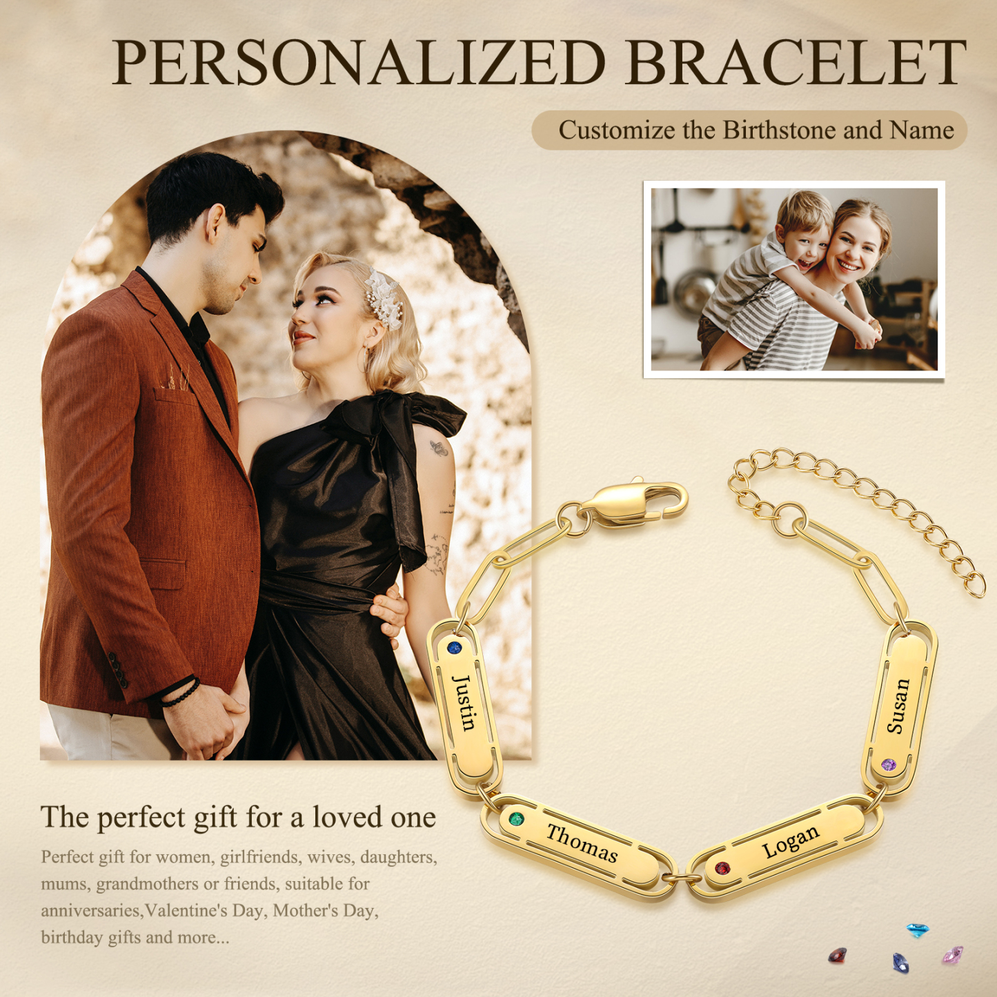 Personalised Gold Women's Bracelet – Custom 4 Birthstones and 4 Engraved Names, Elegant Chain Design, Perfect Gift for Mum, Wife, or Friend | Jessemade