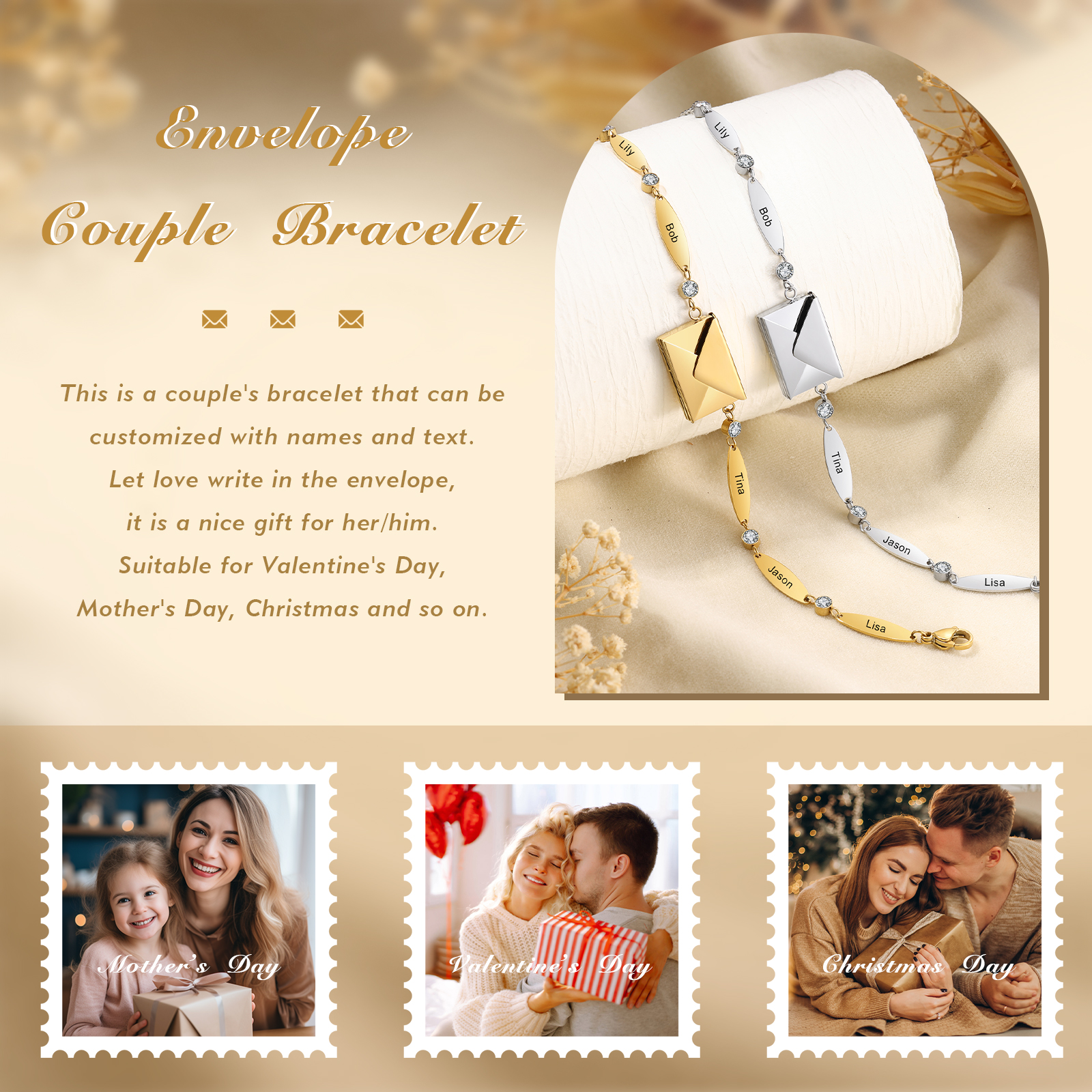 Personalised Bracelet with Custom 1-5 Names and 1 Text - "Love Is Eternal" Envelope Design, Valentine’s Day Gifts for Couple | Jessemade