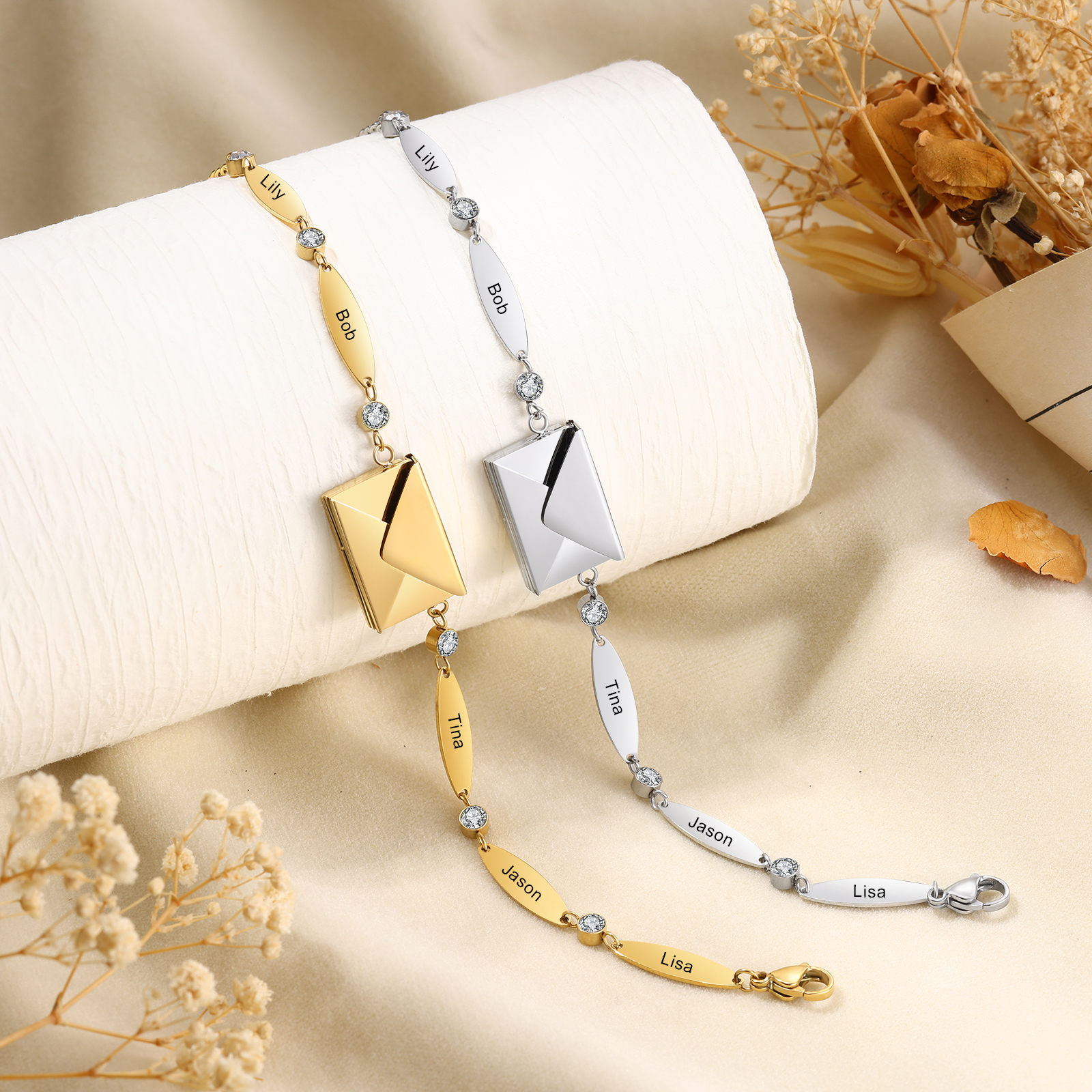 Personalised Bracelet with Custom 1-5 Names and 1 Text - "Love Is Eternal" Envelope Design, Valentine’s Day Gifts for Couple | Jessemade