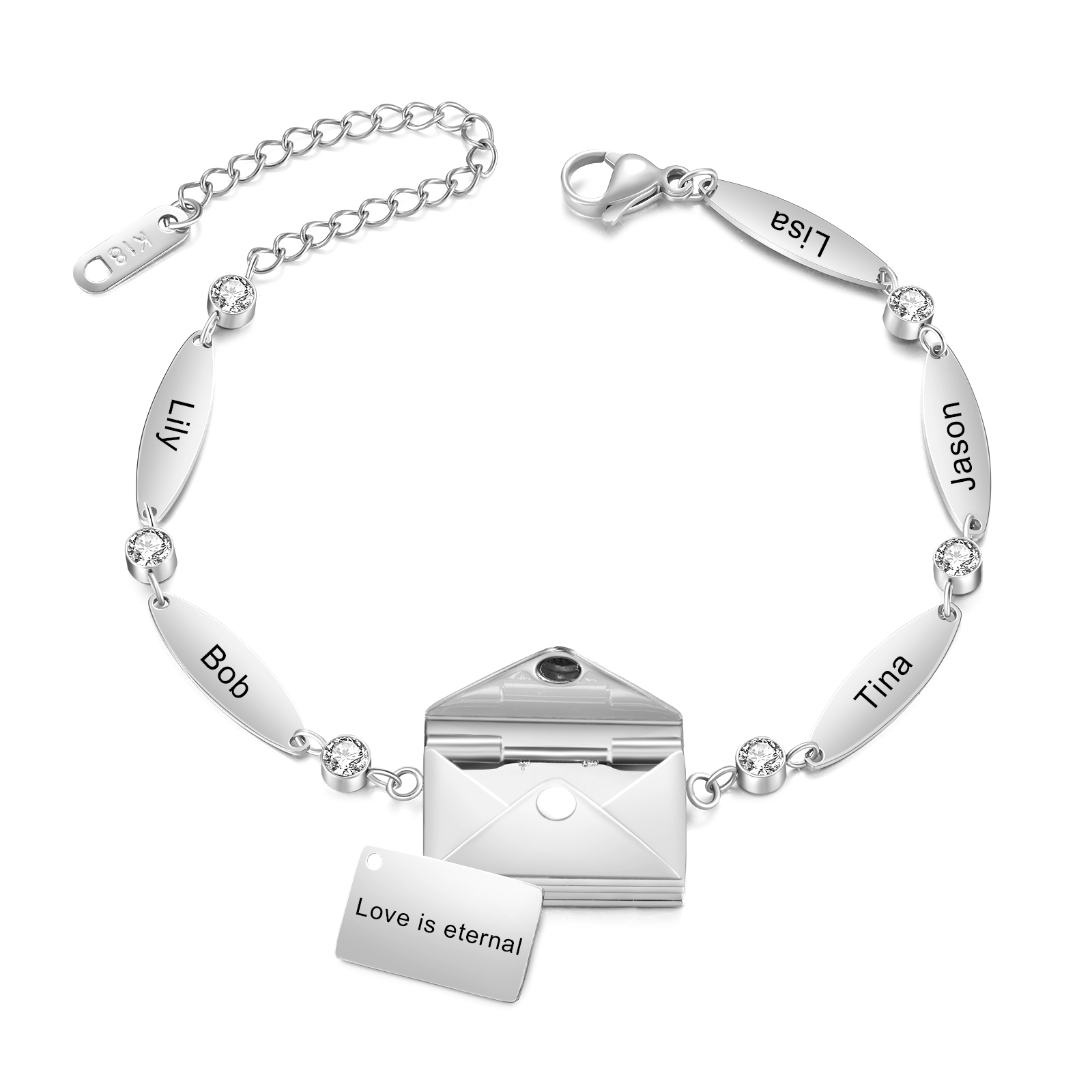Personalised Bracelet with Custom 1-5 Names and 1 Text - "Love Is Eternal" Envelope Design, Valentine’s Day Gifts for Couple | Jessemade