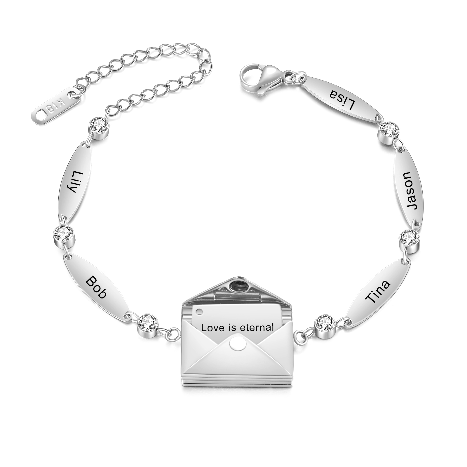 Personalised Bracelet with Custom 1-5 Names and 1 Text - "Love Is Eternal" Envelope Design, Valentine’s Day Gifts for Couple | Jessemade