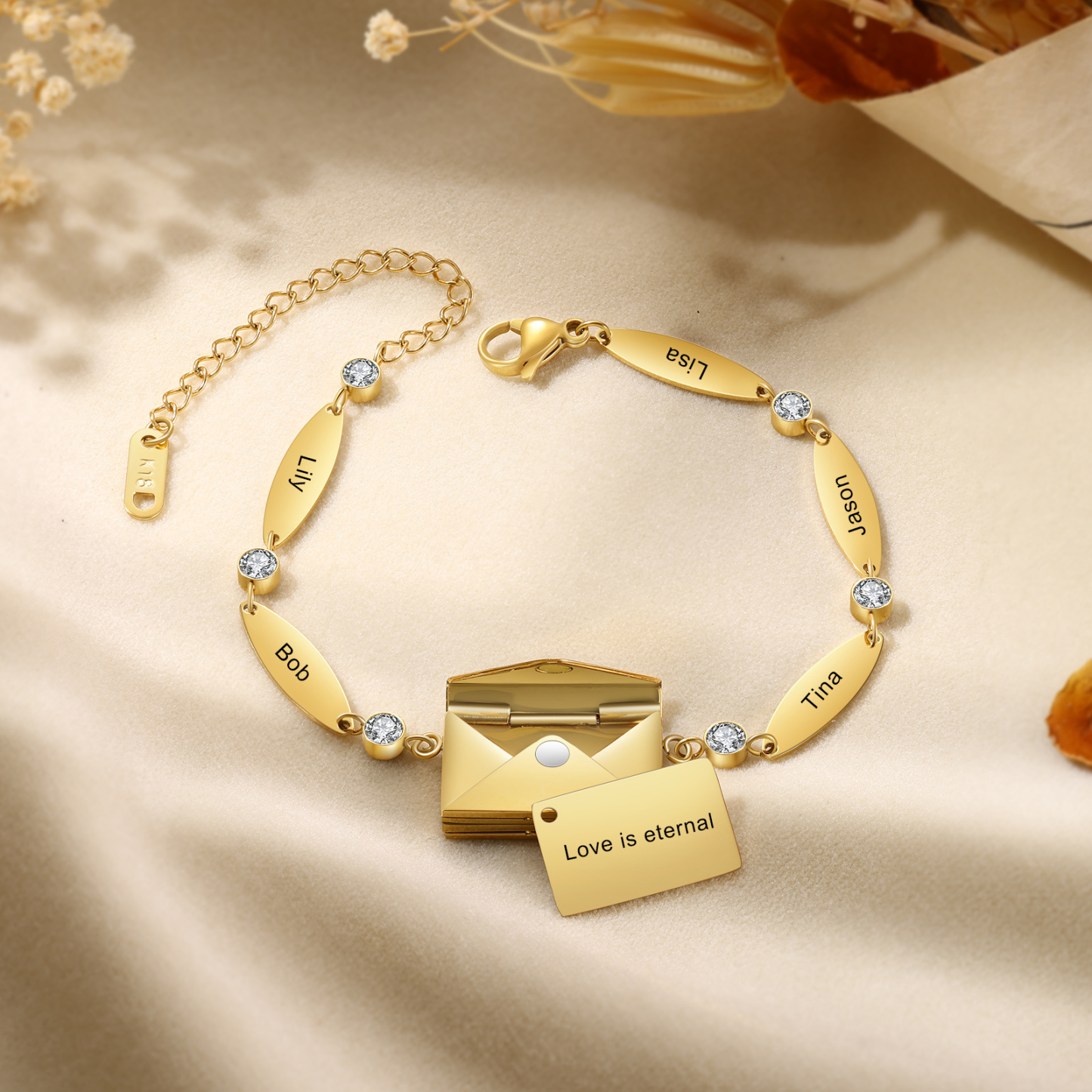 Personalised Bracelet with Custom 1-5 Names and 1 Text - "Love Is Eternal" Envelope Design, Valentine’s Day Gifts for Couple | Jessemade