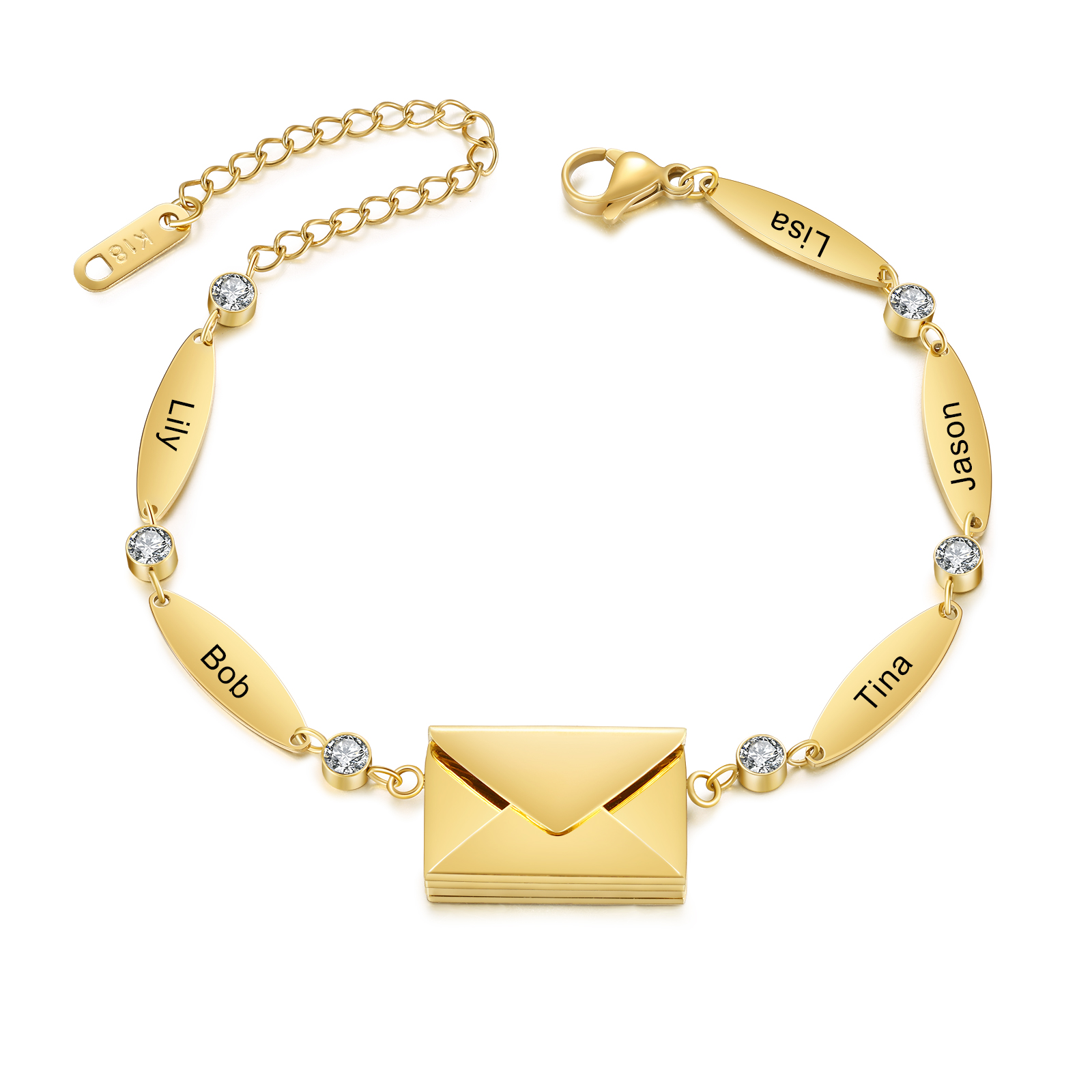Personalised Bracelet with Custom 1-5 Names and 1 Text - "Love Is Eternal" Envelope Design, Valentine’s Day Gifts for Couple | Jessemade