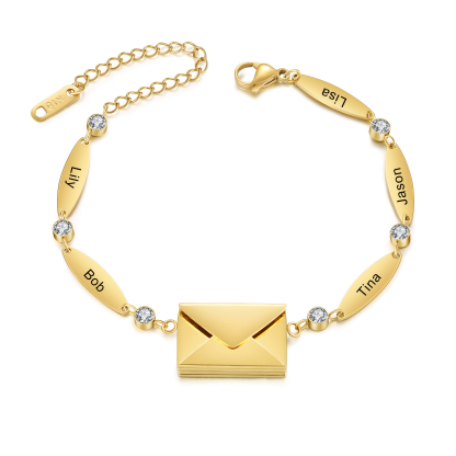 Personalised Bracelet with Custom 1-5 Names and 1 Text - "Love Is Eternal" Envelope Design, Valentine’s Day Gifts for Couple | Jessemade