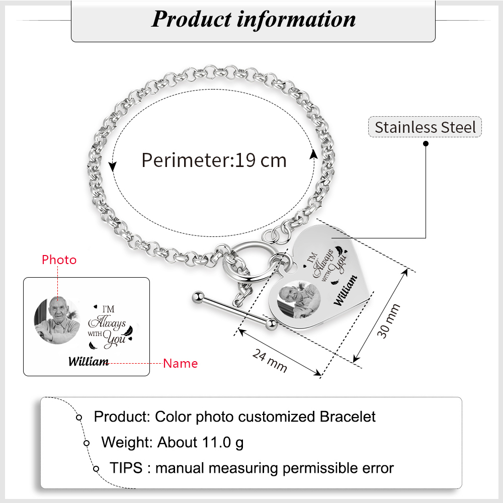 Personalised Memorial Bracelet –Custom Photo and Name Stainless Steel Bracelet- "I'm always with you" | Jessemade