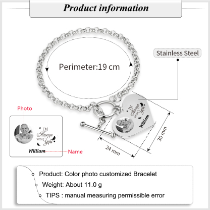 Personalised Memorial Bracelet –Custom Photo and Name Stainless Steel Bracelet- "I'm always with you" | Jessemade