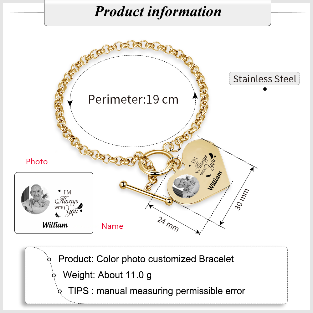 Personalised Memorial Bracelet –Custom Photo and Name Stainless Steel Bracelet- "I'm always with you" | Jessemade