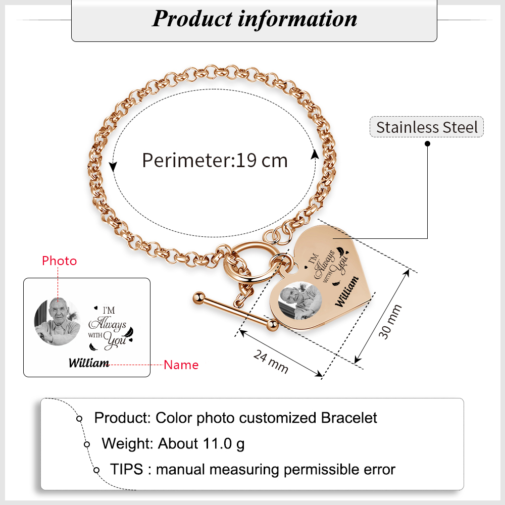 Personalised Memorial Bracelet –Custom Photo and Name Stainless Steel Bracelet- "I'm always with you" | Jessemade