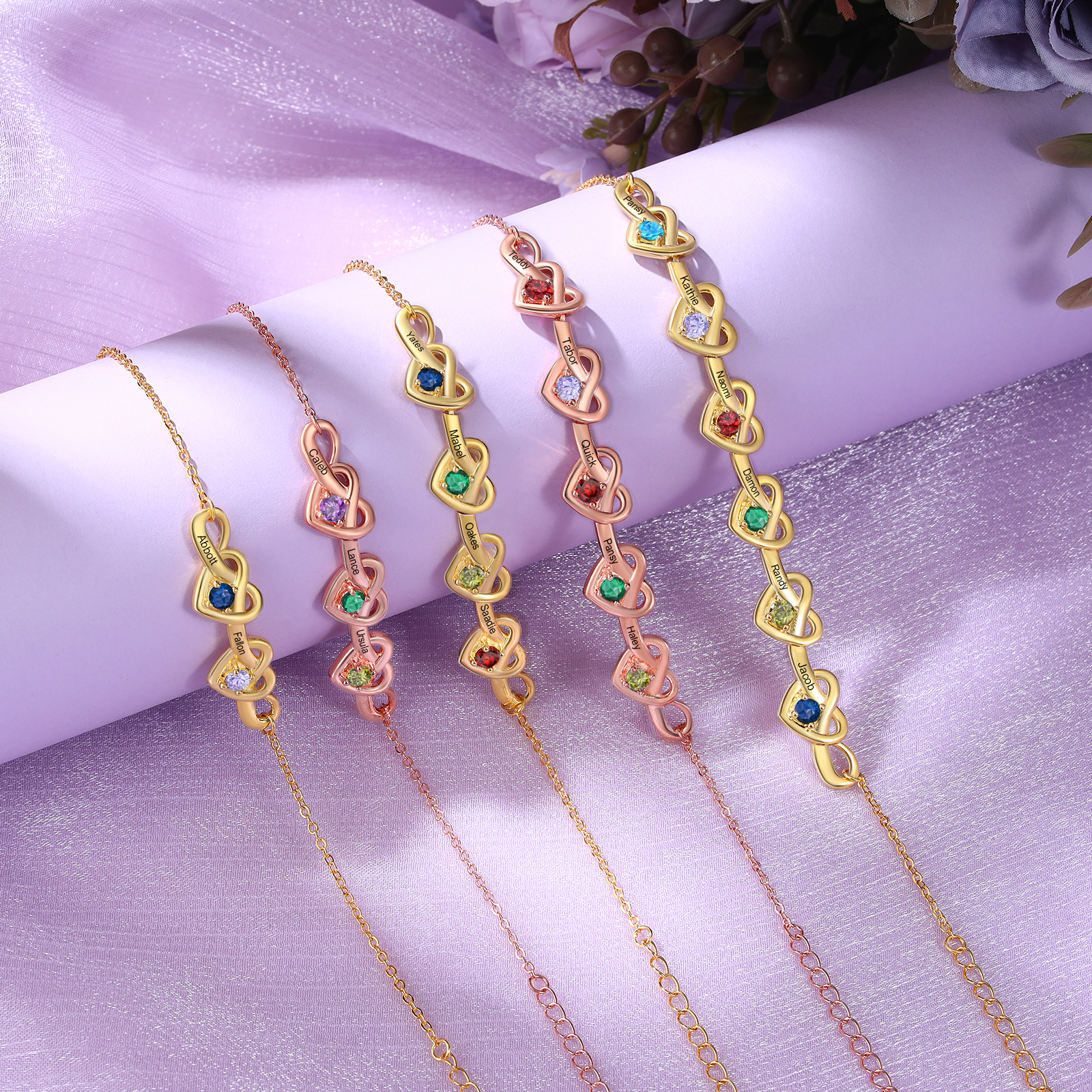 Personalised 1-8 Names Bracelet Customised Birthstones & 1 Text Heart Bracelet for Her | Jessemade