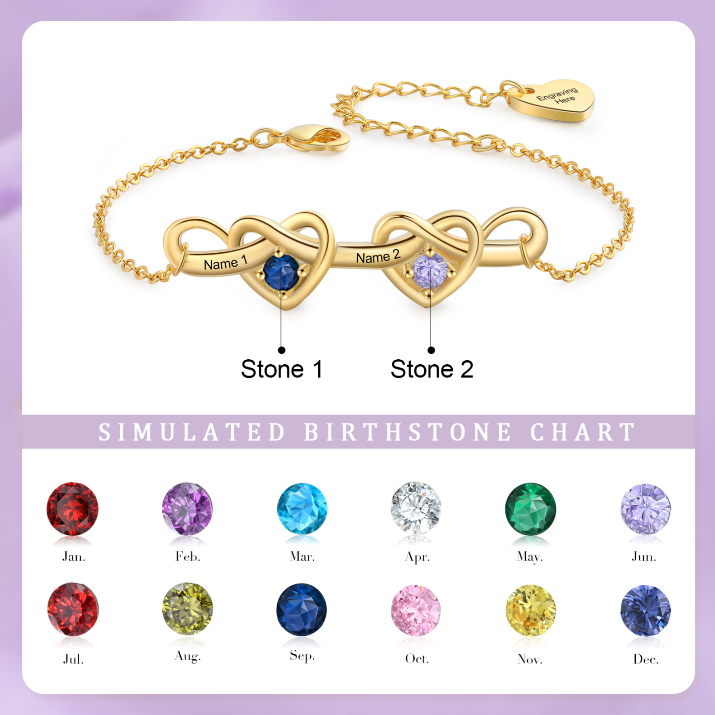 Personalised Women’s Birthstone Bracelet – Customised with 2 Names, 2 Birthstones & Engraved Text, Heart & Infinity Design – Valentine’s Day Gift for Her | Jessemade
