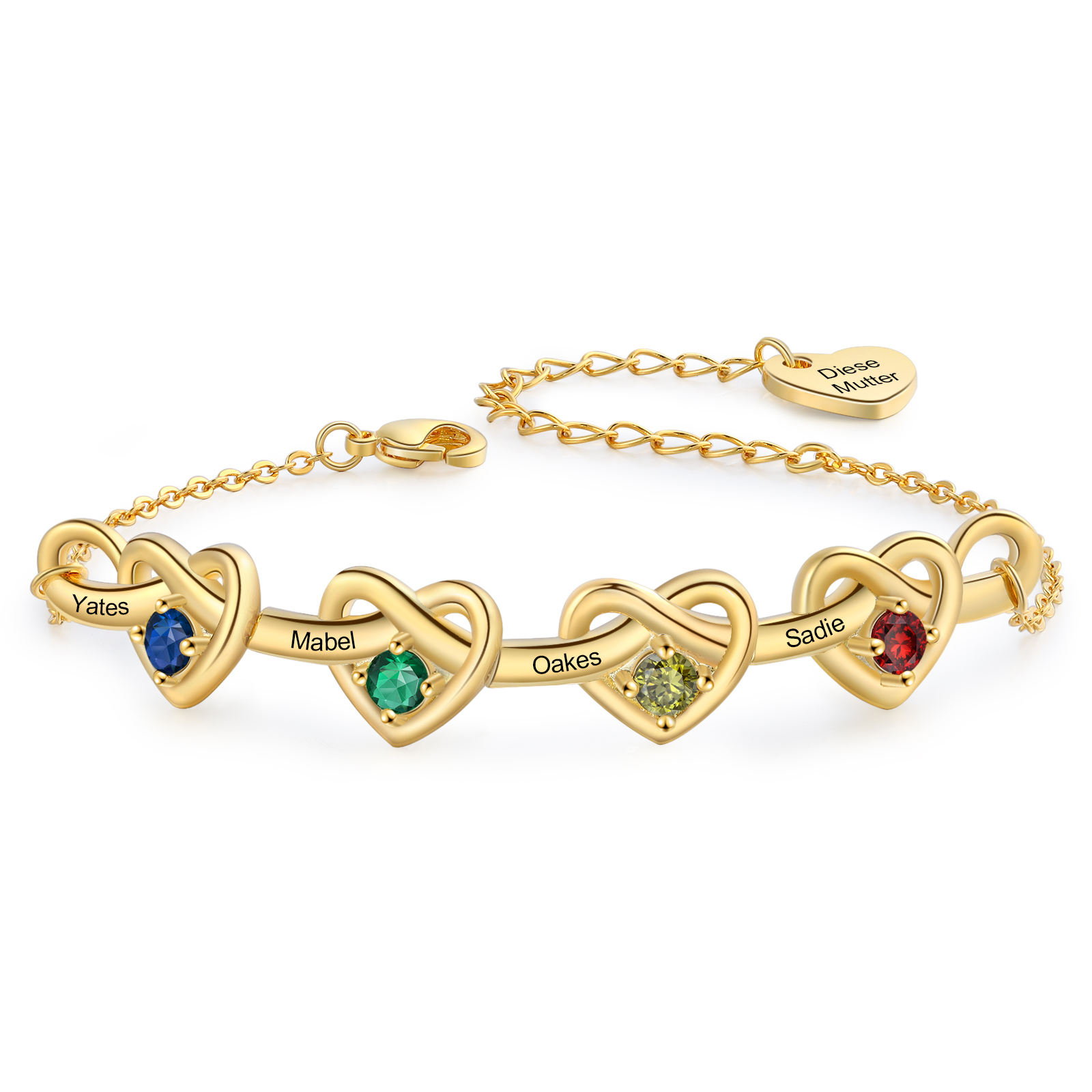 Personalised Women’s Birthstone Bracelet – Customised with 4 Names, 4 Birthstones & Engraved Text, Heart & Infinity Design – Special Gift for Her | Jessemade
