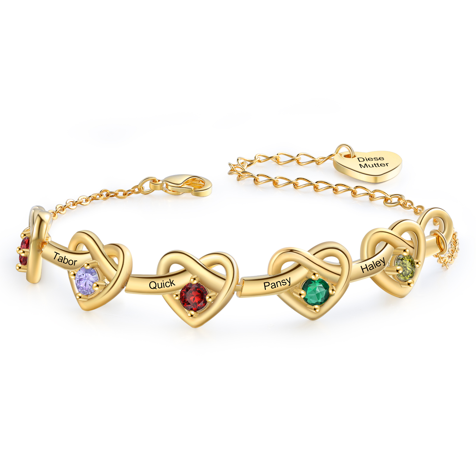 Personalised Women’s Birthstone Bracelet – Customised with 5 Names, 5 Birthstones & Engraved Text, Heart & Infinity Design – Special Gift for Her | Jessemade