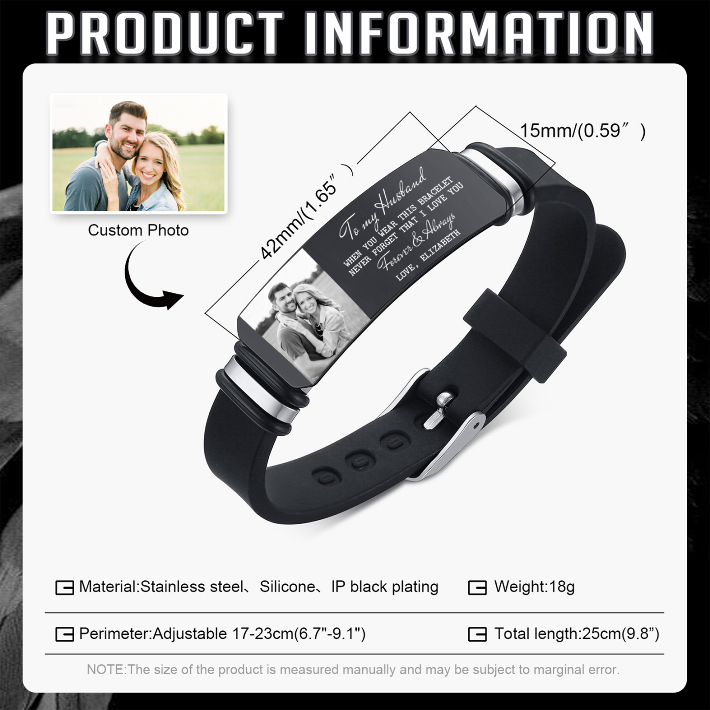 Personalised Men's Bracelet - Custom Photo and Engraved Text, Love You Forever Design, Sleek Black Adjustable Band, Valentine’s Day Gift for Him | Jessemade