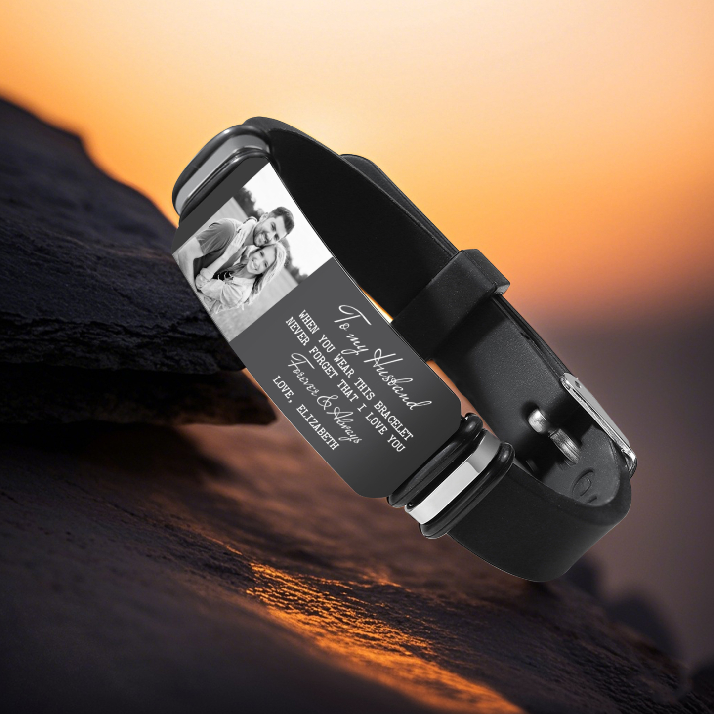 Personalised Men's Bracelet - Custom Photo and Engraved Text, Love You Forever Design, Sleek Black Adjustable Band, Valentine’s Day Gift for Him | Jessemade