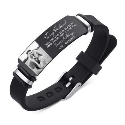 Personalised Men's Bracelet - Custom Photo and Engraved Text, Love You Forever Design, Sleek Black Adjustable Band, Valentine’s Day Gift for Him | Jessemade