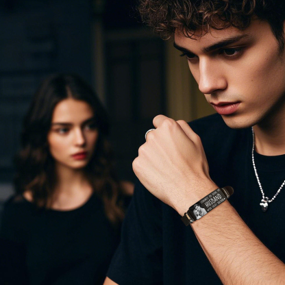 Personalised Men's Bracelet - Custom Photo and Engraved Text, "Congrats on Being My Husband" Design, Sleek Black Adjustable Band, Valentine’s Day Gift for Him | Jessemade