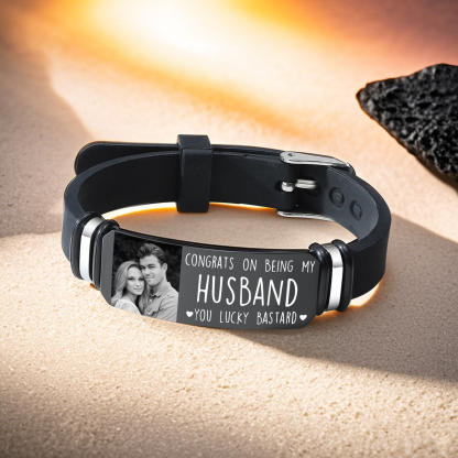 Personalised Men's Bracelet - Custom Photo and Engraved Text, "Congrats on Being My Husband" Design, Sleek Black Adjustable Band, Valentine’s Day Gift for Him | Jessemade