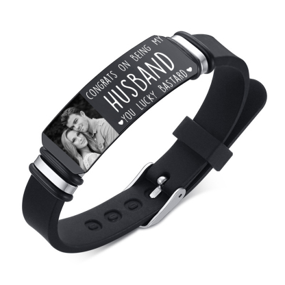 Personalised Men's Bracelet - Custom Photo and Engraved Text, "Congrats on Being My Husband" Design, Sleek Black Adjustable Band, Valentine’s Day Gift for Him | Jessemade
